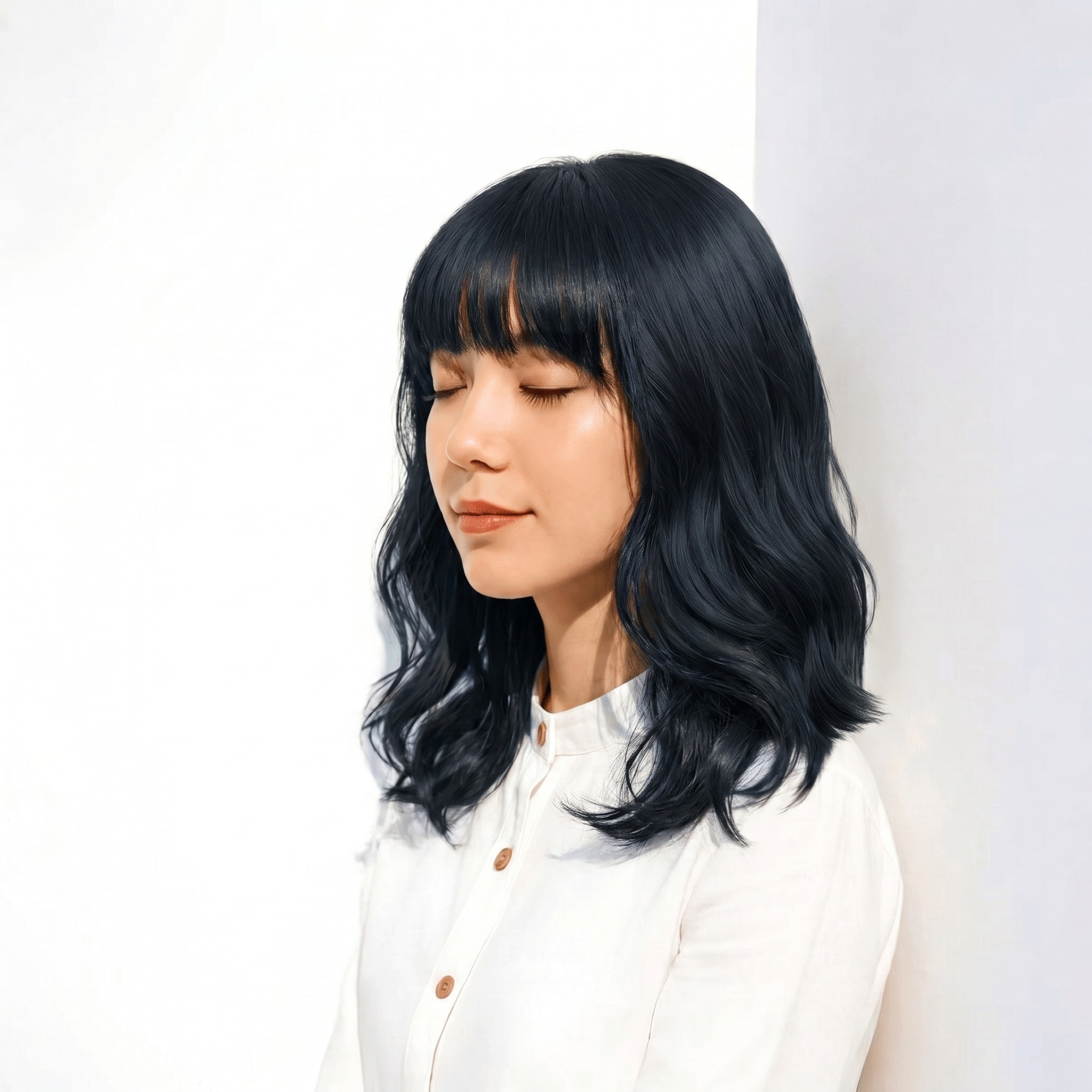 8. ネイビーアッシュ×肩ラインミディ×ツヤ感: ゆるい動きで柔らかく華やかな雰囲気に