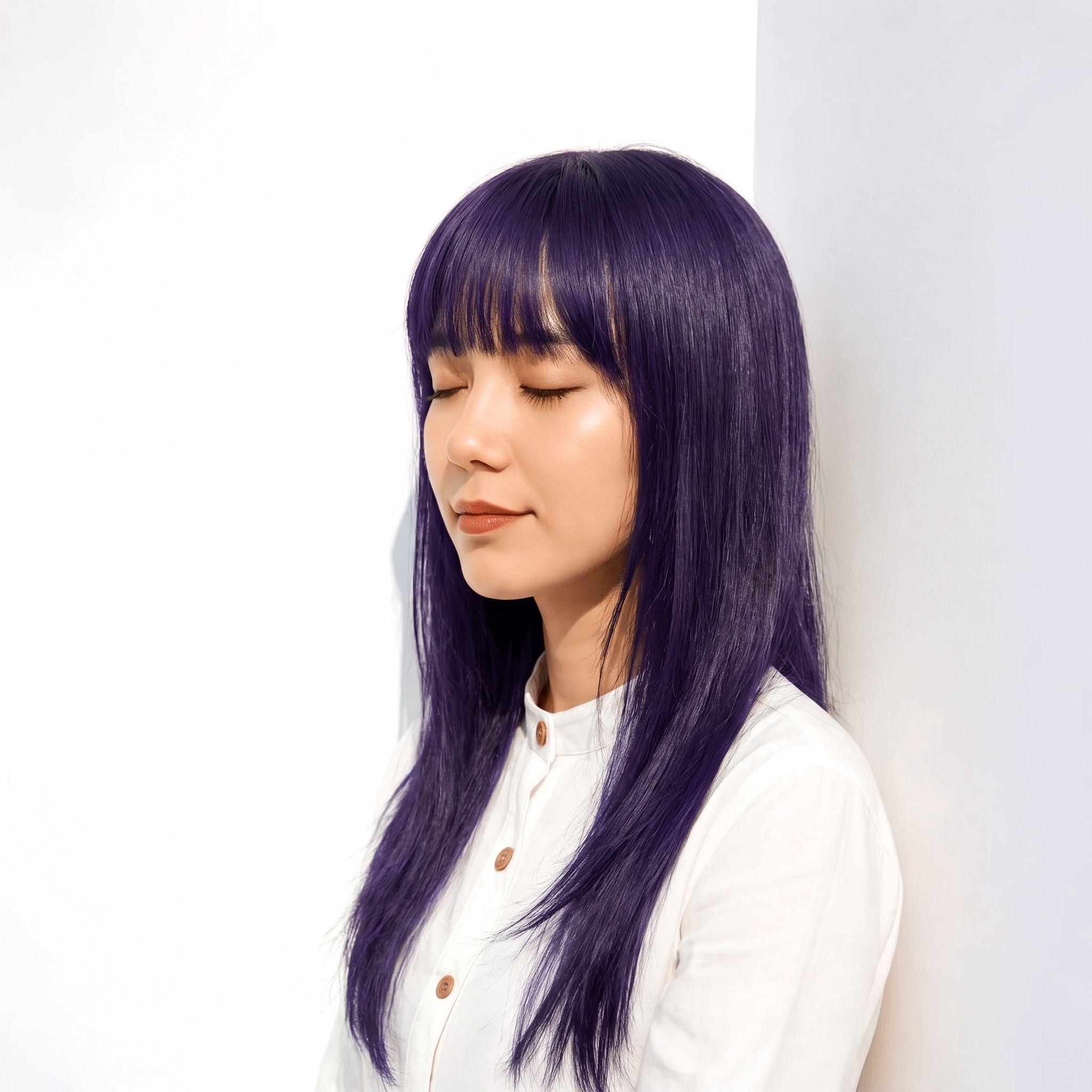 8. パープルブラック×ストレートロング: 強めの青紫でロングに寒色の存在感が出る