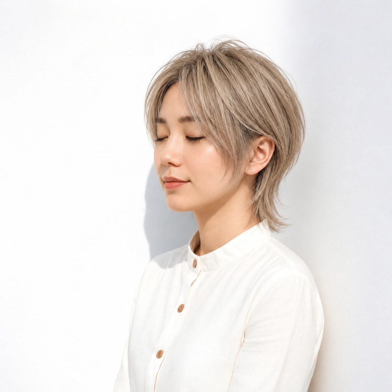5. ハンサムショートウルフ × ベージュ：淡い色と外へ流す襟足が軽やかに映える