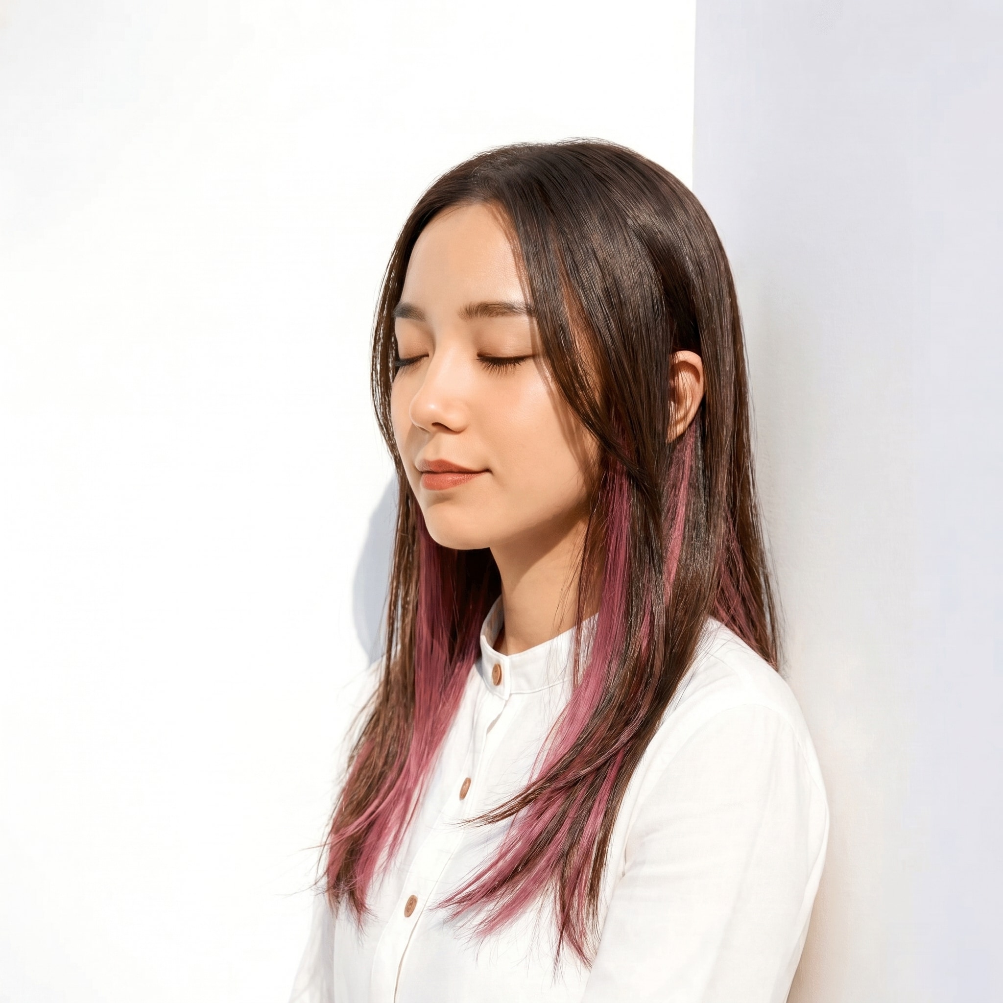 8. ピンクインナーカラー×レイヤーカット: 輪郭をすっきり見せるブルベ向けスタイル