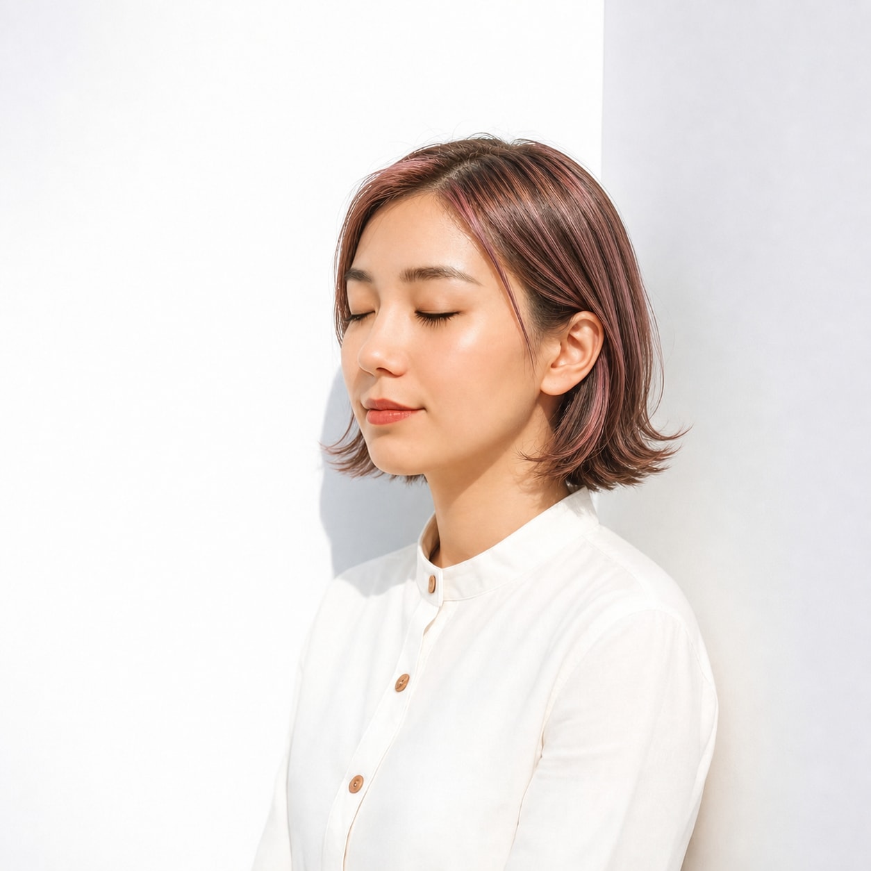 8. ピンクハイライト×外ハネボブ: 毛先のピンクで外向きの動きが軽くなる