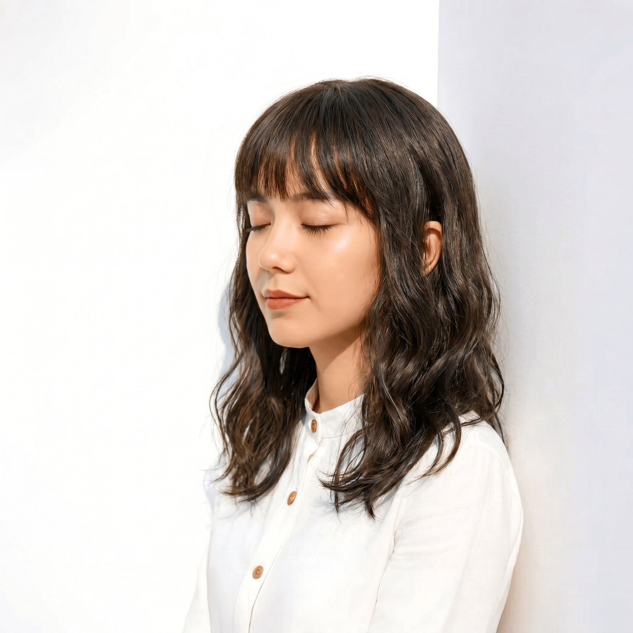 8. ブリーチなしグレーアッシュ×ミディアムウェーブ: やや暗めの色味で軽やかさを演出