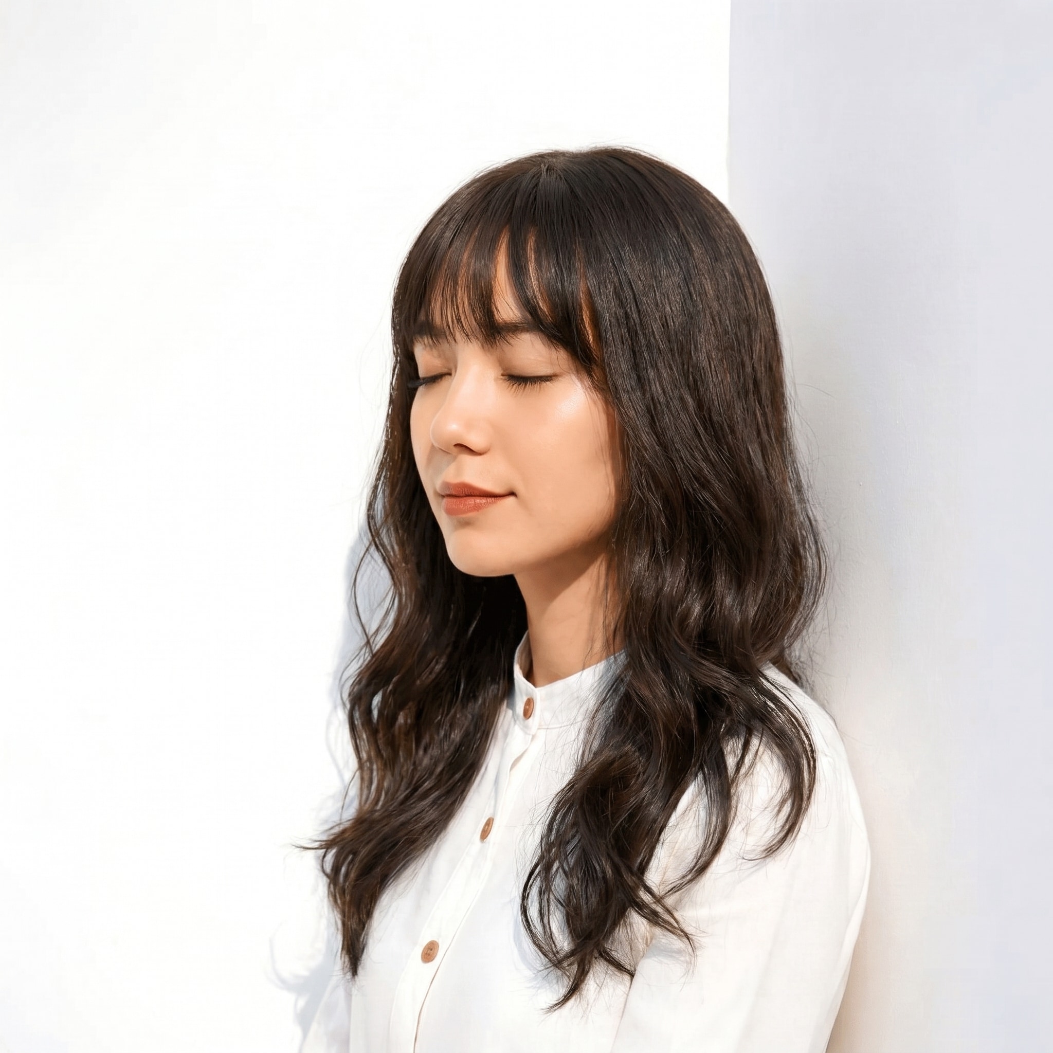 8. ブリーチなしグレージュ×ミディアムロング: ゆるいウェーブで軽やかな動きを演出