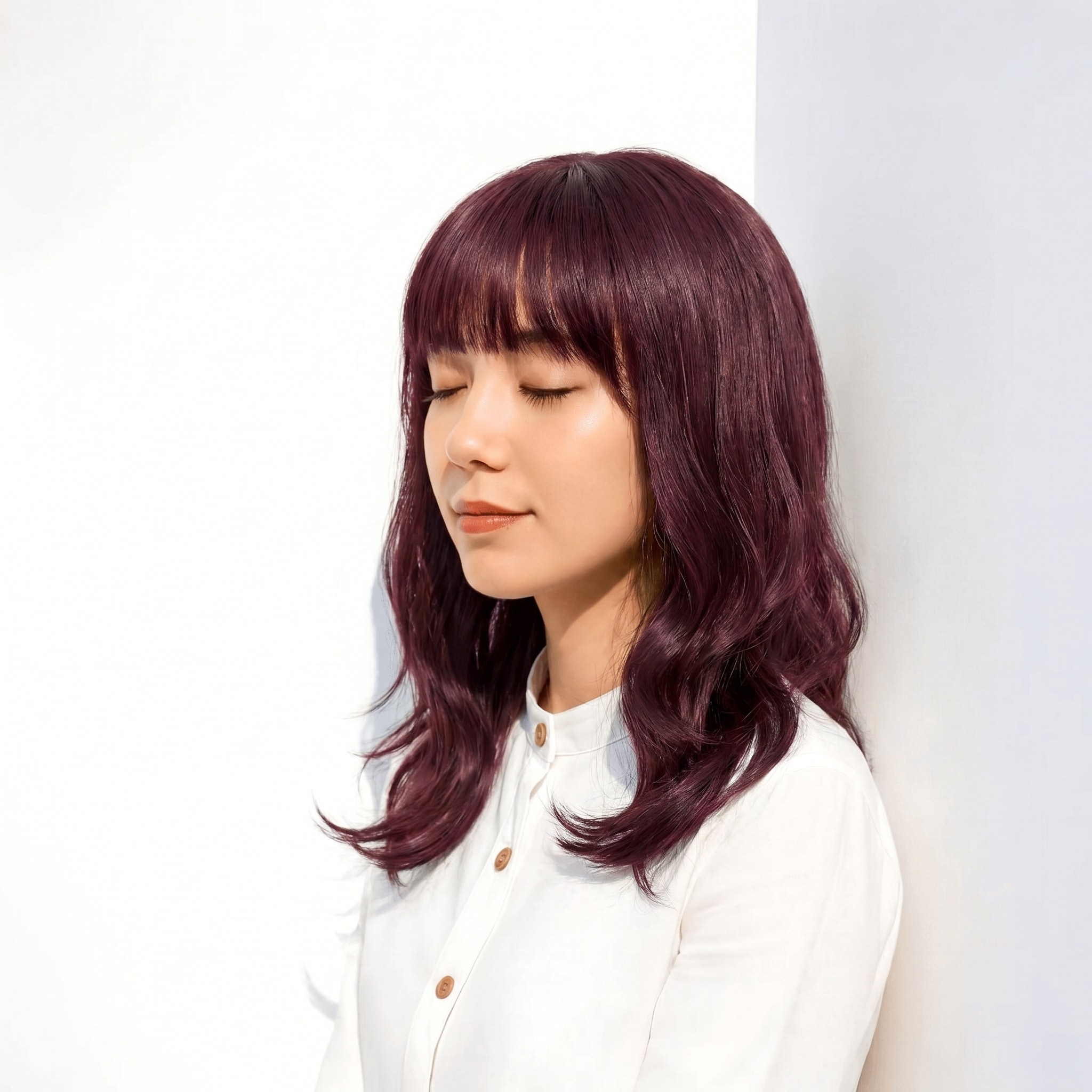 8. ブリーチなしピンクブラウン×オフィススタイル: 落ち着いたトーンでありながら、ふんわりとした動きが楽しめる