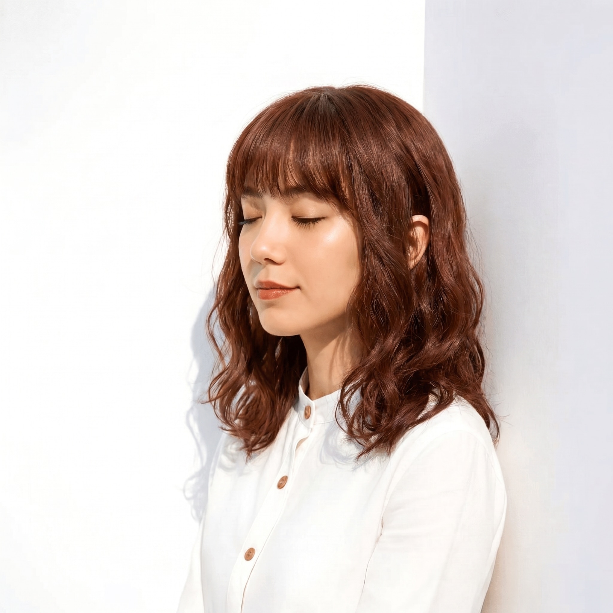 8. ブリーチなしピンクベージュ×ミディアムウェーブ: 鎖骨ラインでふんわり立体感を演出