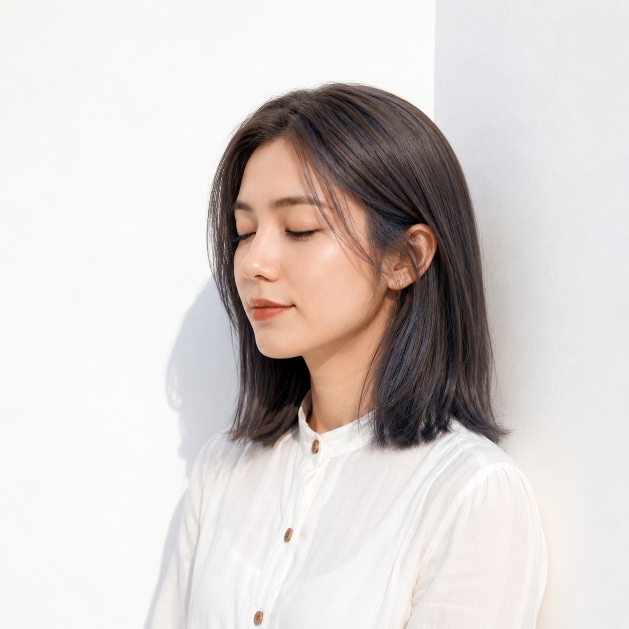 8. ブルーブラウン×透明感: 深みのある色みでツヤと動きを引き出すストレートロブ