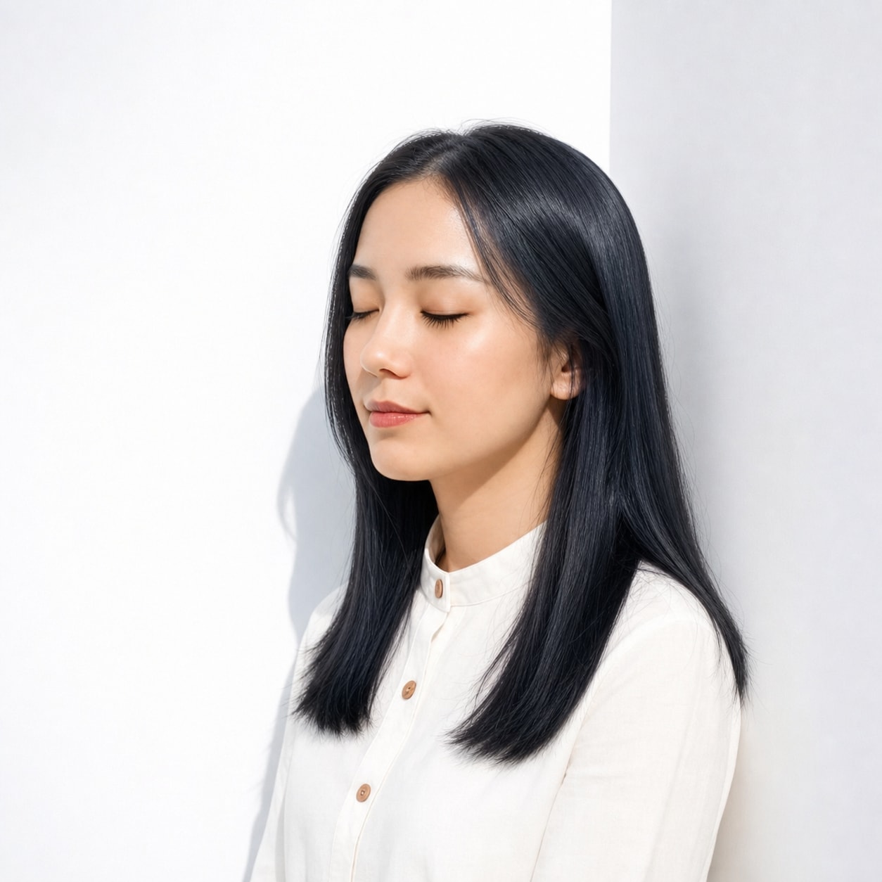 8. ブルーブラック×ブリーチなし×ストレートロング: 青みのある暗髪で重さがクールにまとまる