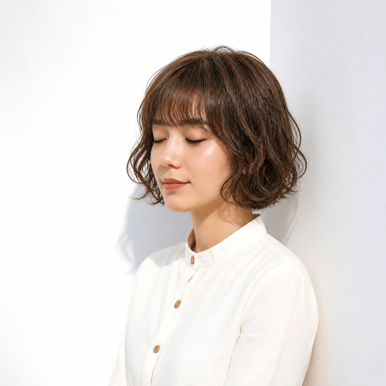 8. ボブパーマ × 前髪あり × ブラウンウェーブ：丸いカールで華やかに