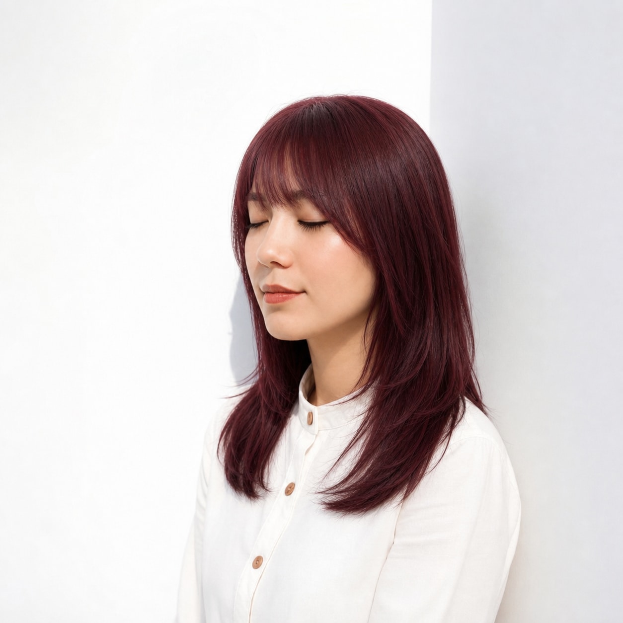 8. ボルドーレッド×ブリーチなし×ロング: 深い発色でロングに大人っぽい華やかさが出る
