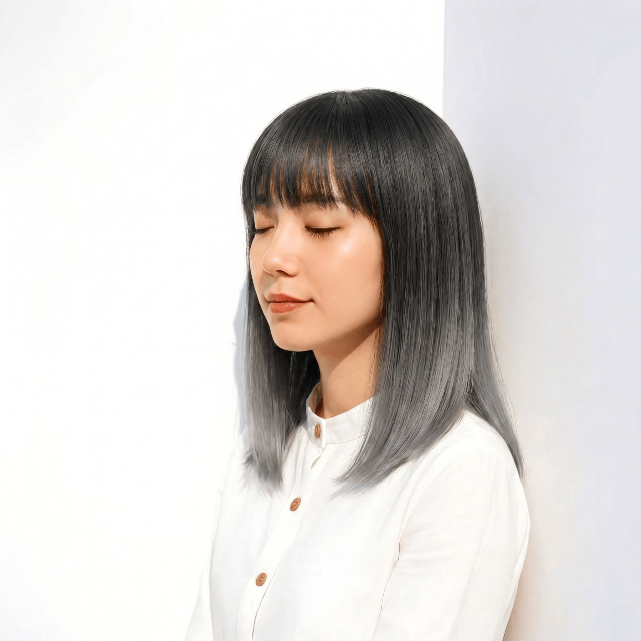 8. ホワイトグレー×ミディアムストレート: 根元から毛先への自然なグラデーションが魅力