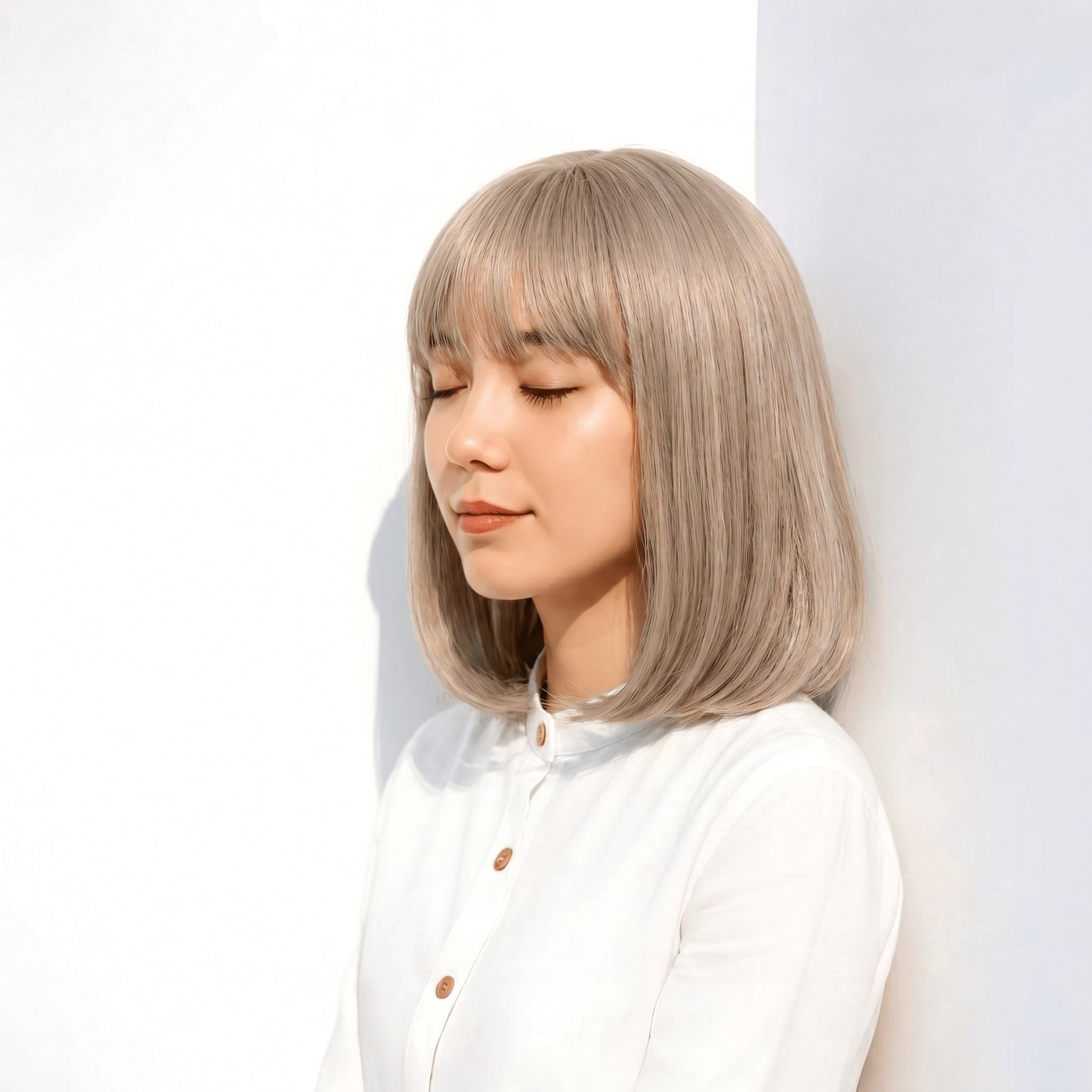 8. ホワイトグレージュ×ワンレンボブ: 淡いシルバーが首もとをすっきり見せる