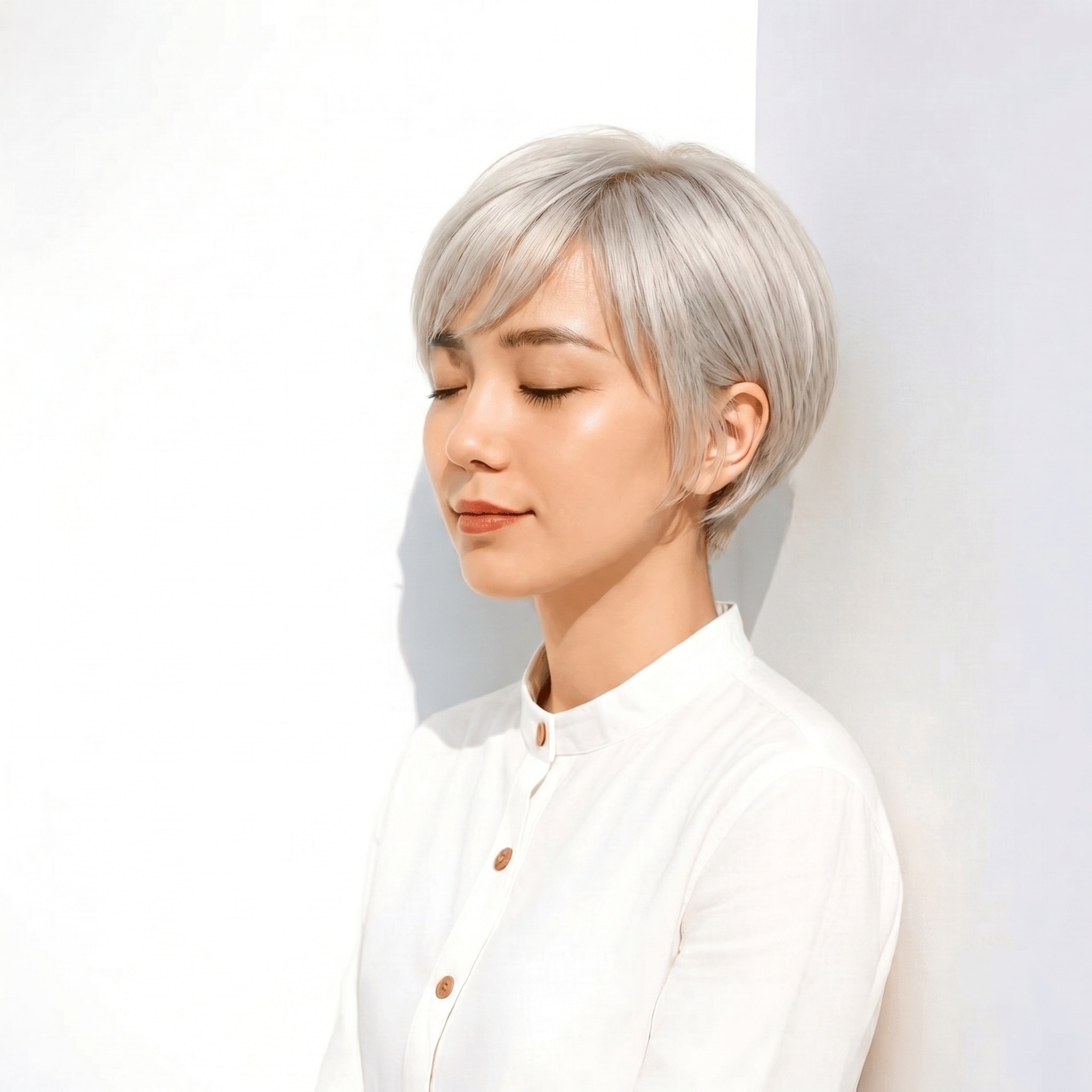 8. ホワイトシルバー×レイヤーミディアム: 内側からのぞく色みで、表情まで軽やかに見せる