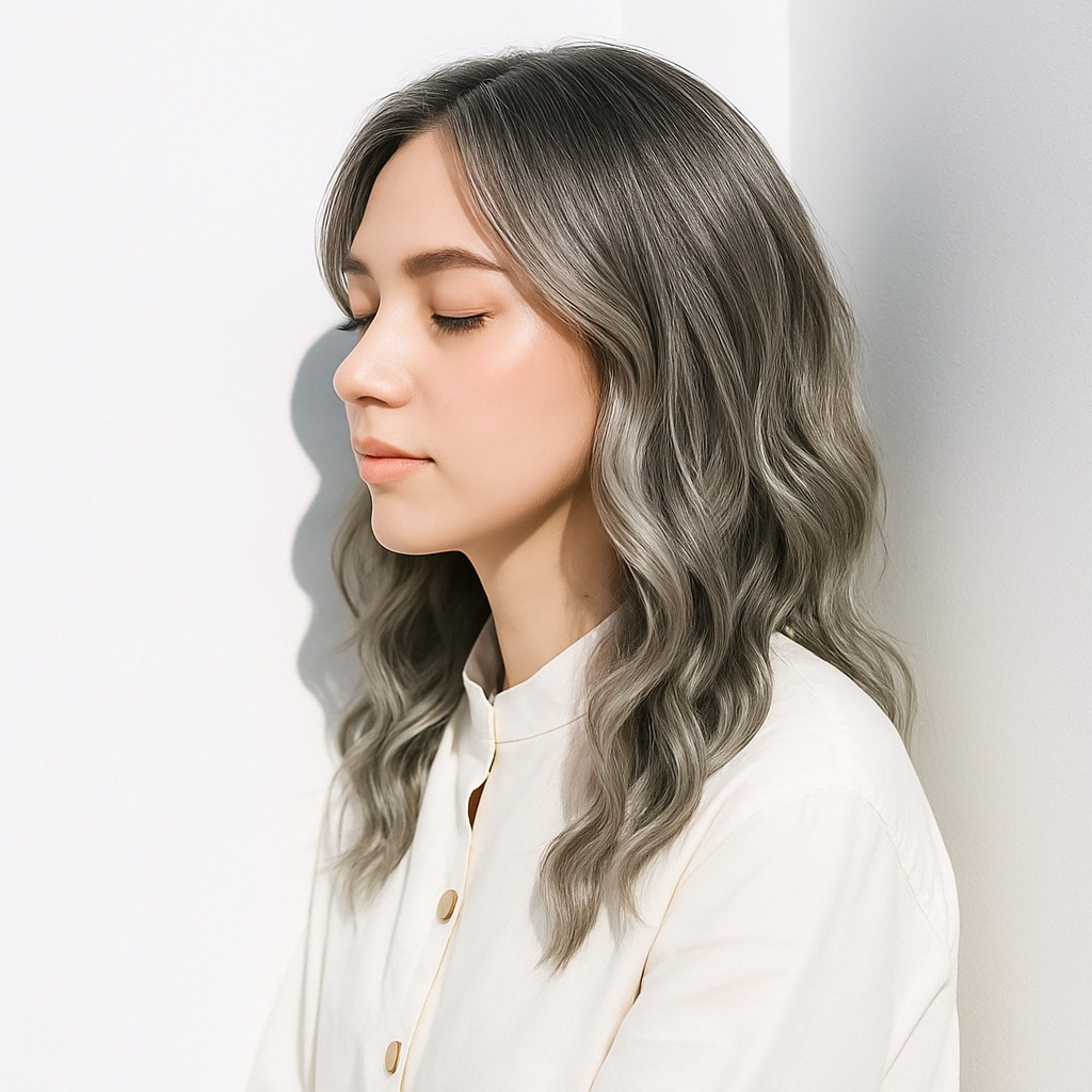 8. ホワイトベージュ×ミディアムウェーブ：柔らかくクールなスタイルを演出