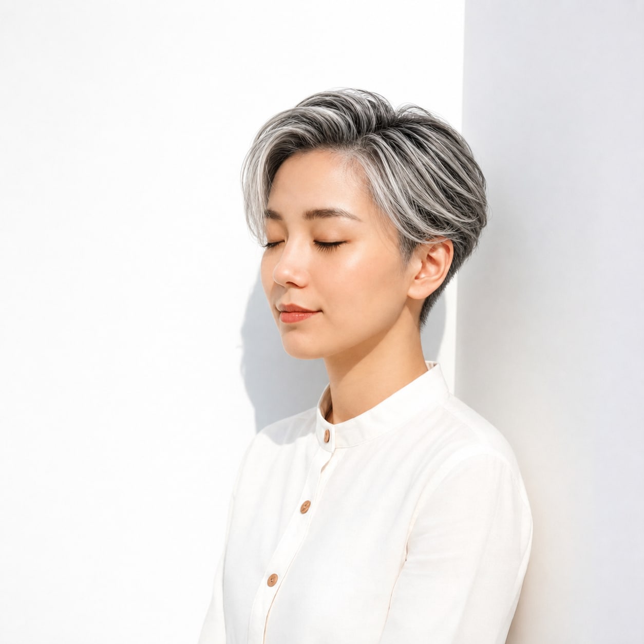 8. ホワイトメッシュ×ショート: 白いラインで暗めヘアに明るいアクセントが出る