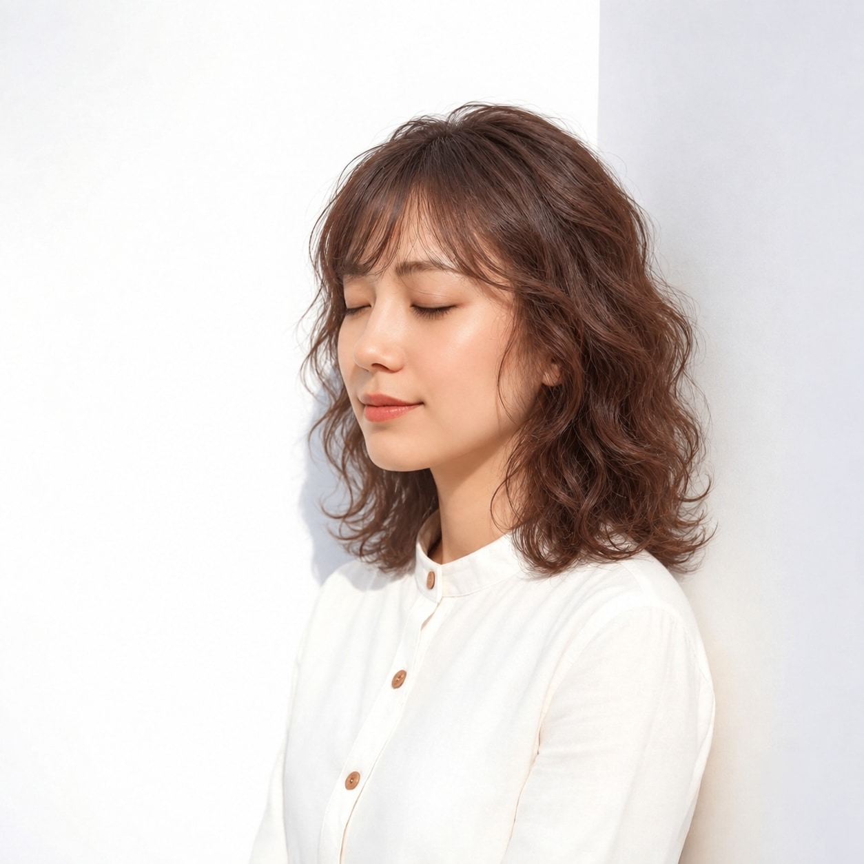 8. ミディアムパーマ × 強め × レッドブラウン：大きな曲線で顔まわりを華やかに