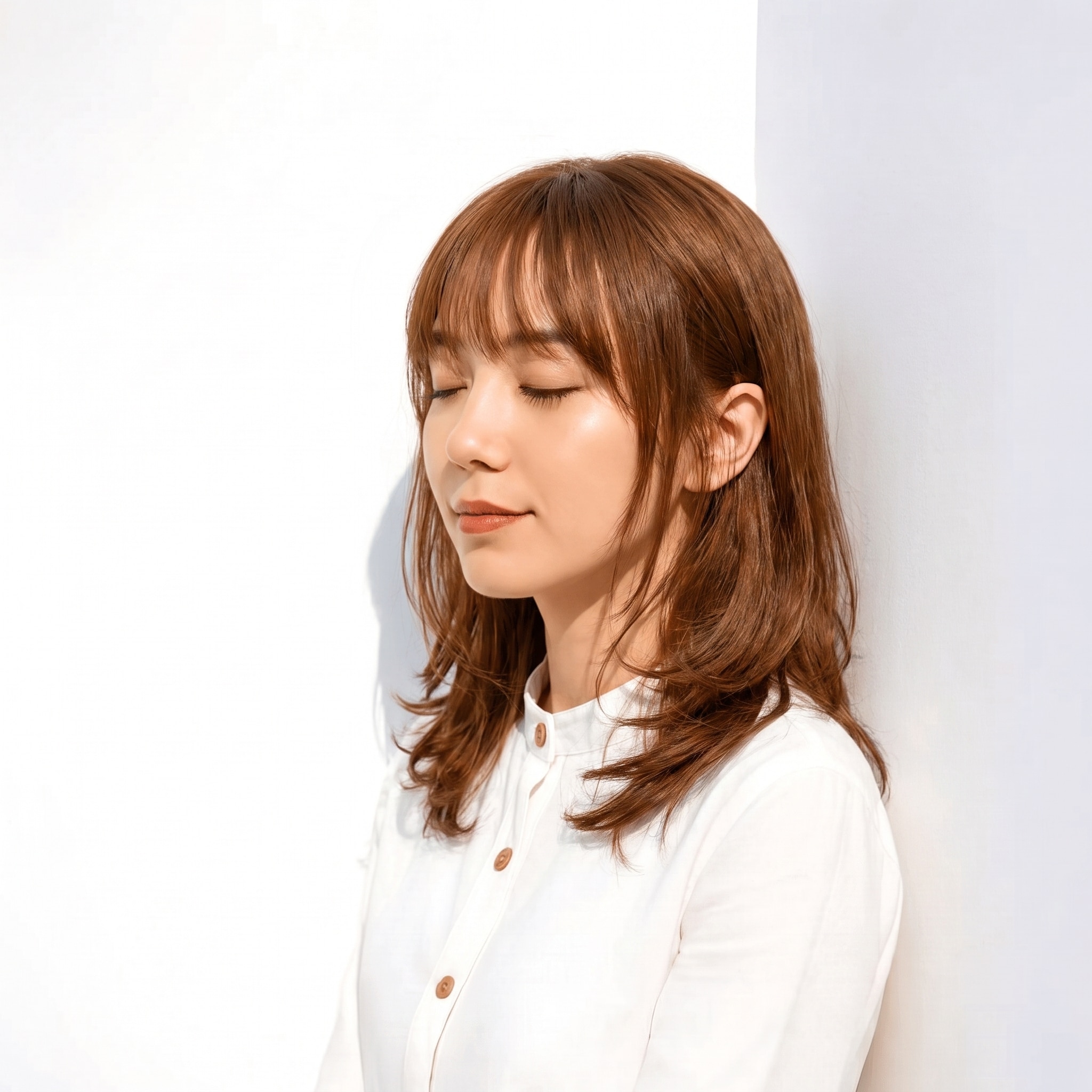 8. モカブラウン×レイヤーミディアム: 赤みを感じる明るめブラウンで顔まわりが柔らかくなる