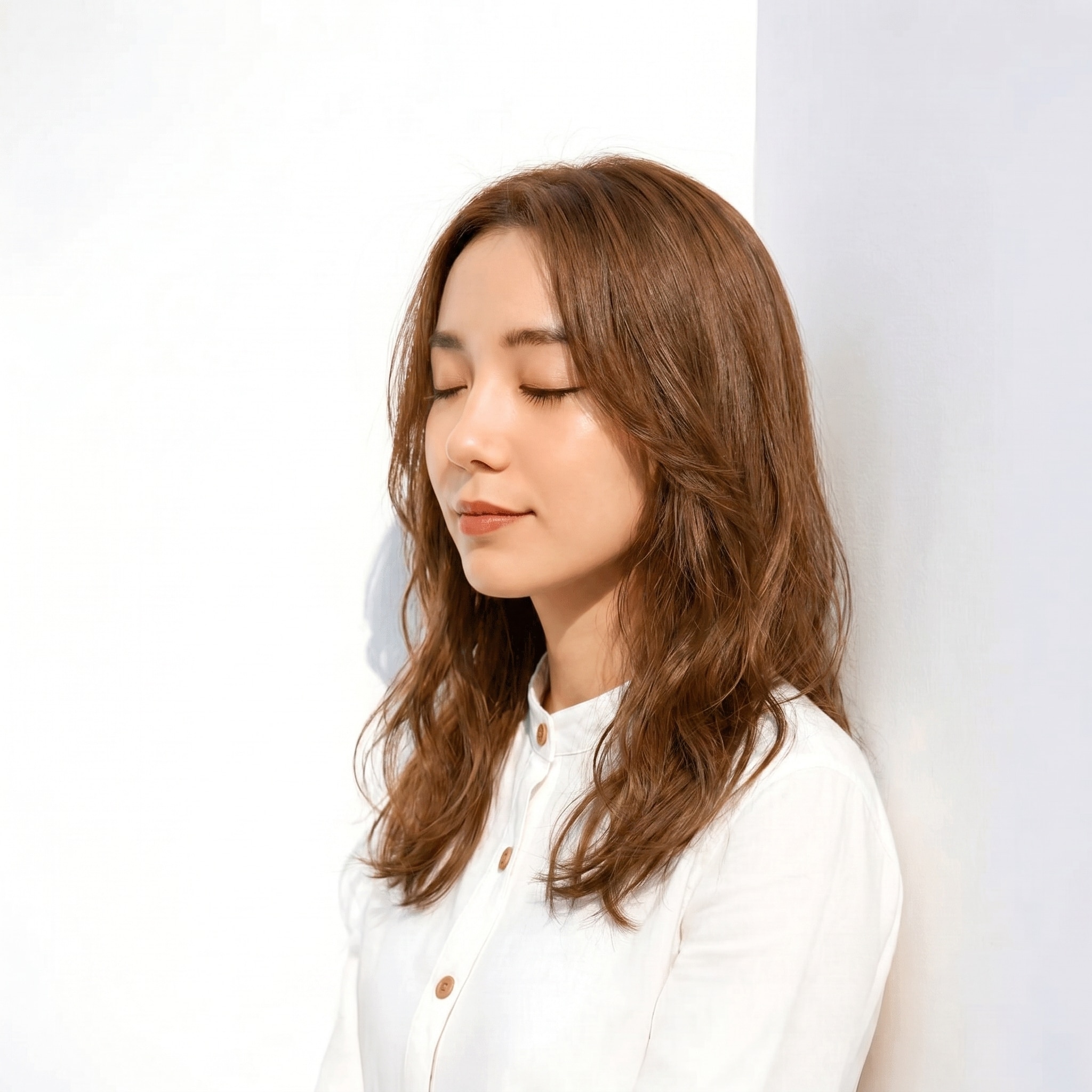8. ライトブラウン×セミロングウェーブ: 柔らかなツヤと軽さで上品に