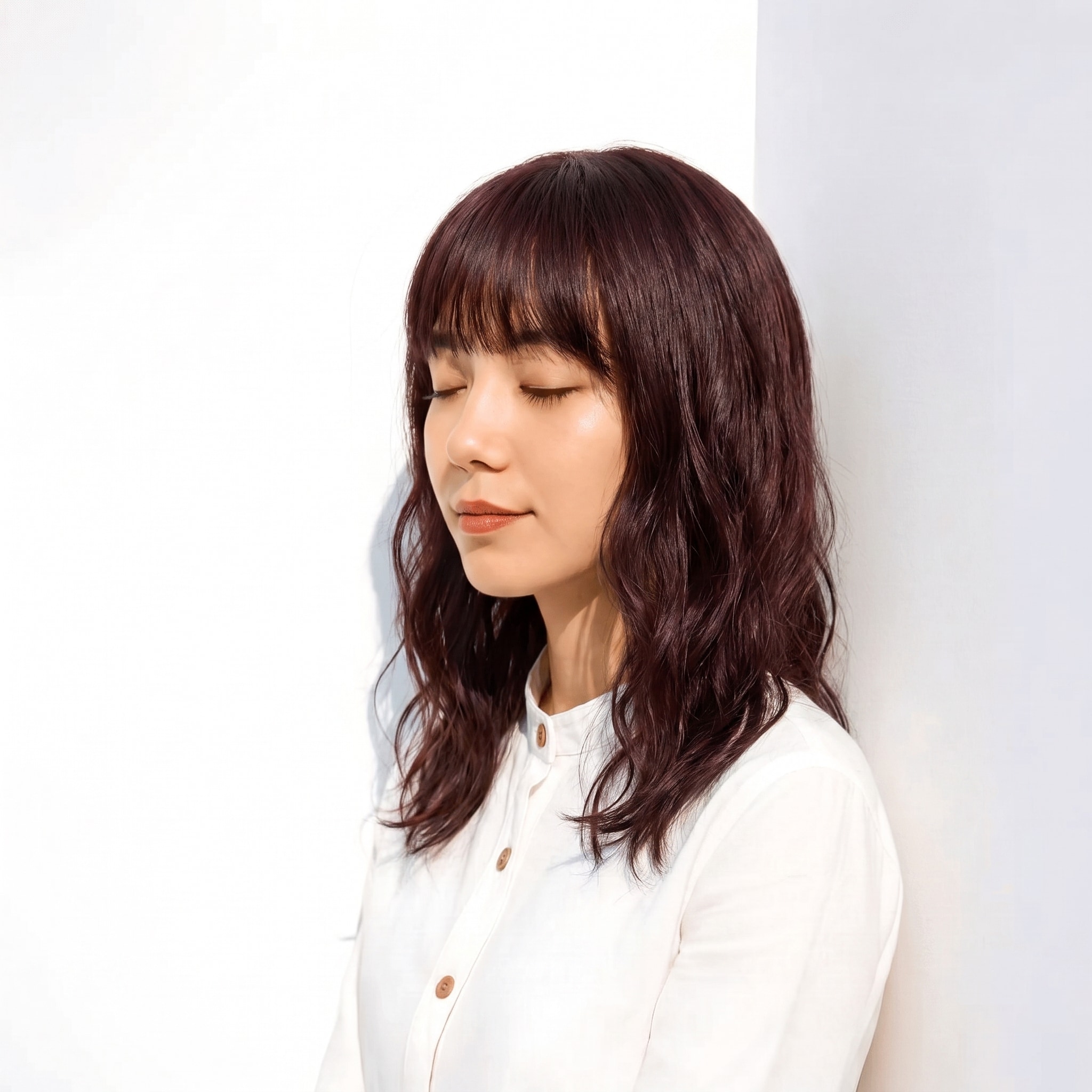 8. ラベンダーブラウン×ブリーチなし×レイヤーミディアム: ブラウンになじむ淡い寒色で自然に変化する