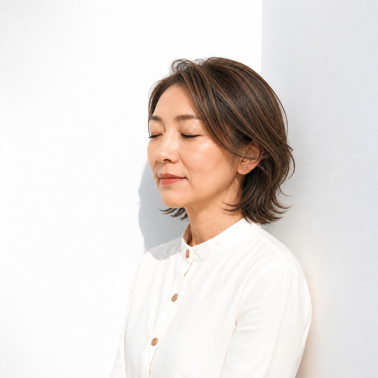 8. レイヤーボブ × かき上げ前髪：50代を大人っぽく