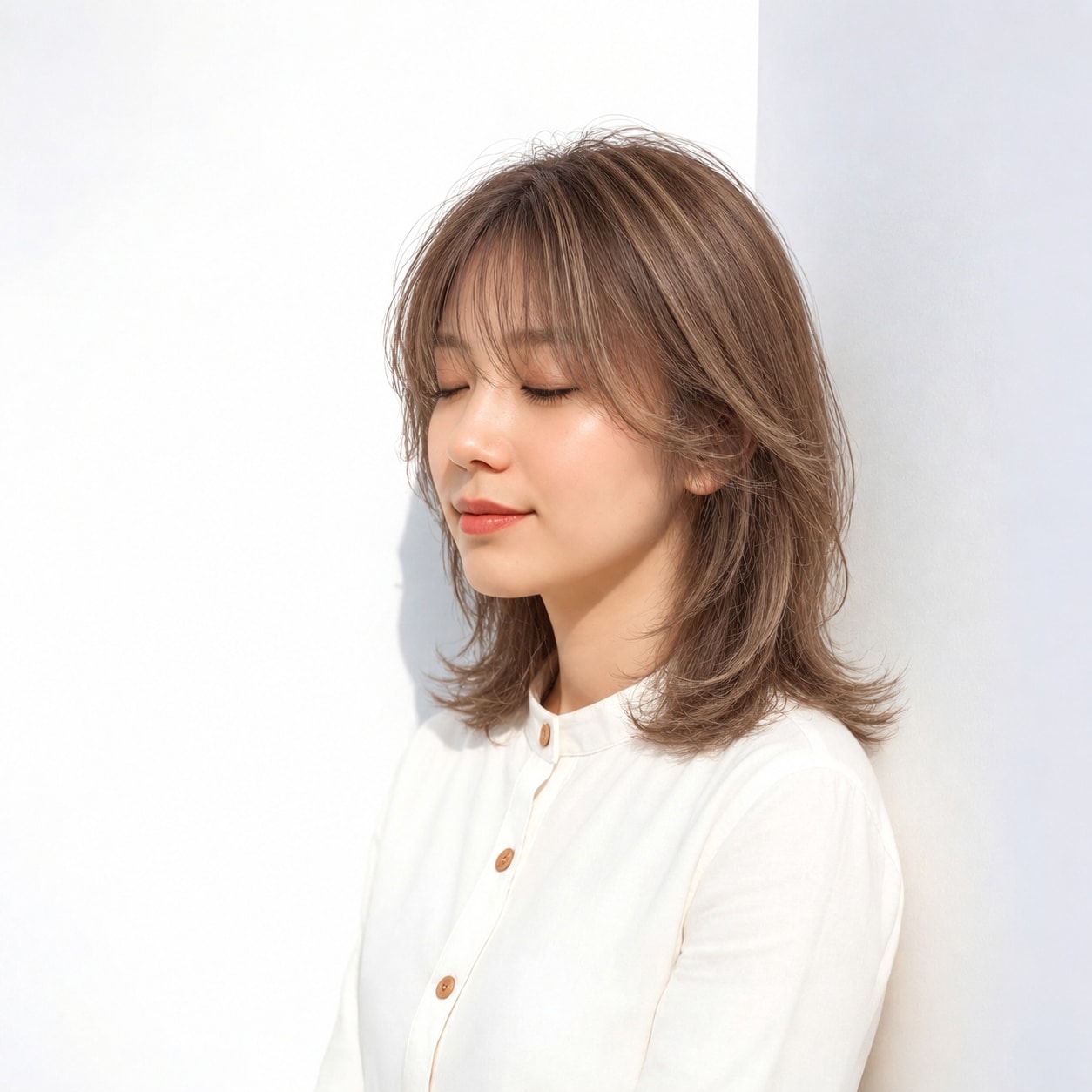 8. レイヤーミディアム × ベージュブラウン：柔らかな流れで愛らしく