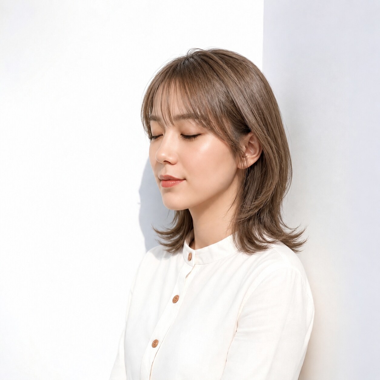 5. レイヤー外ハネミディアム × ベージュブラウン：段差の毛先でラフな動きを楽しむ