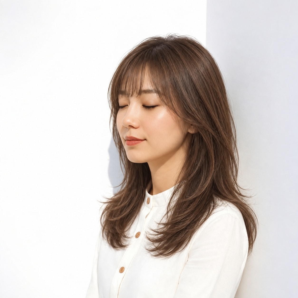 8. ロングレイヤー × 前髪あり × 大きめカール：直線的にならず、肩の長さでもやわらかな動きが出ます