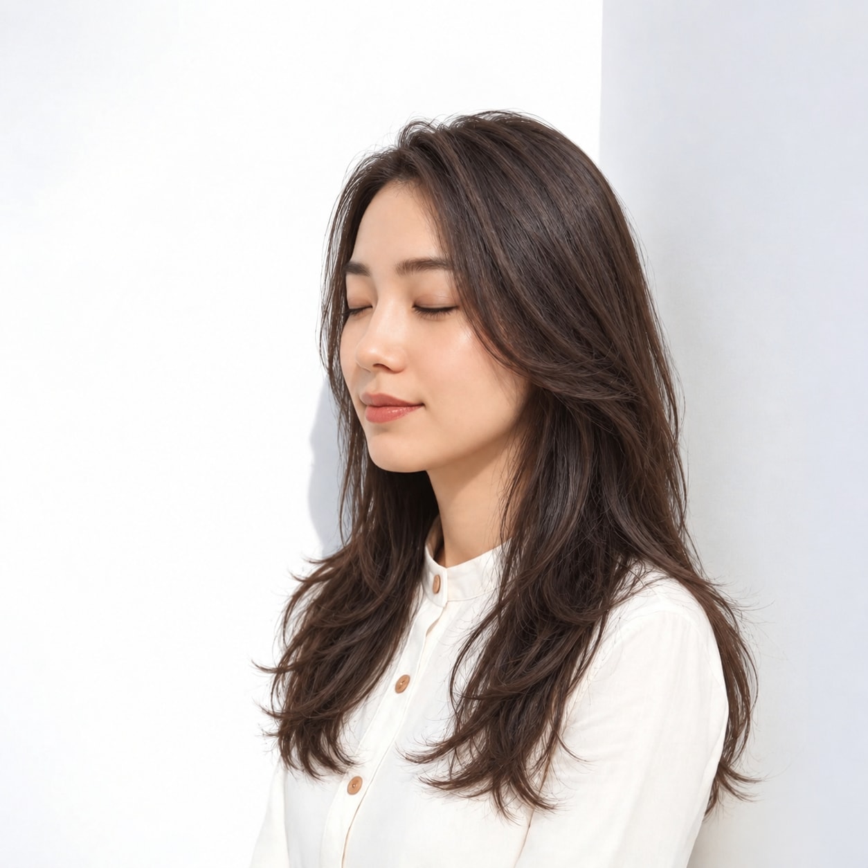 8. ロングレイヤー × 前髪なし × 耳かけ：サイドに髪がたまらず、正面も横顔もすっきり見えます