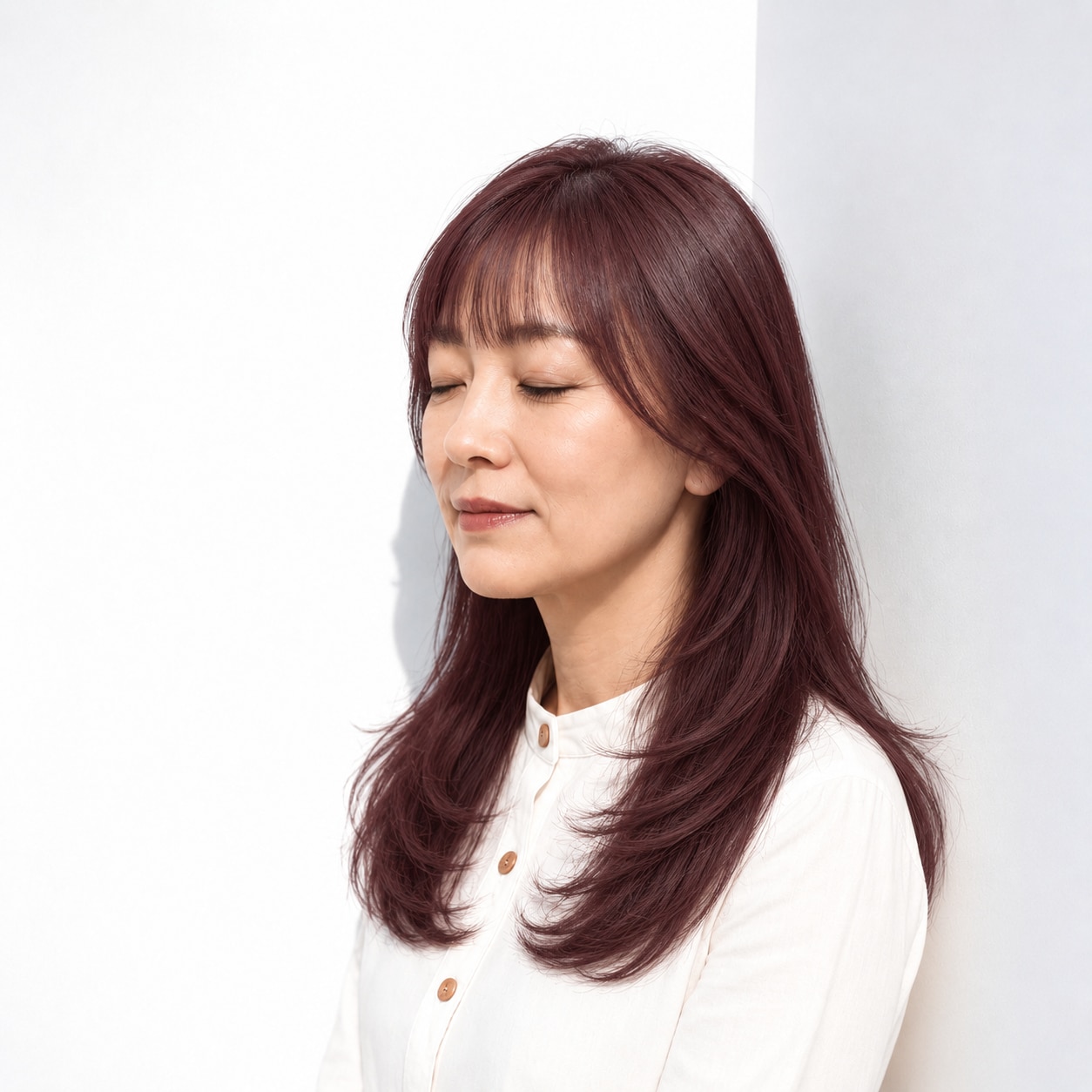 8. ワインブラウン × ロングレイヤー：深い赤紫で華やかに