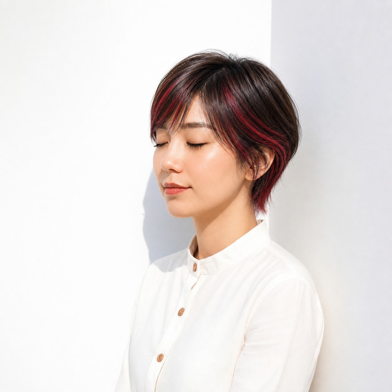 8. ワインレッドメッシュ×ショート: 前髪とサイドの細いラインで短めヘアに動きが出る