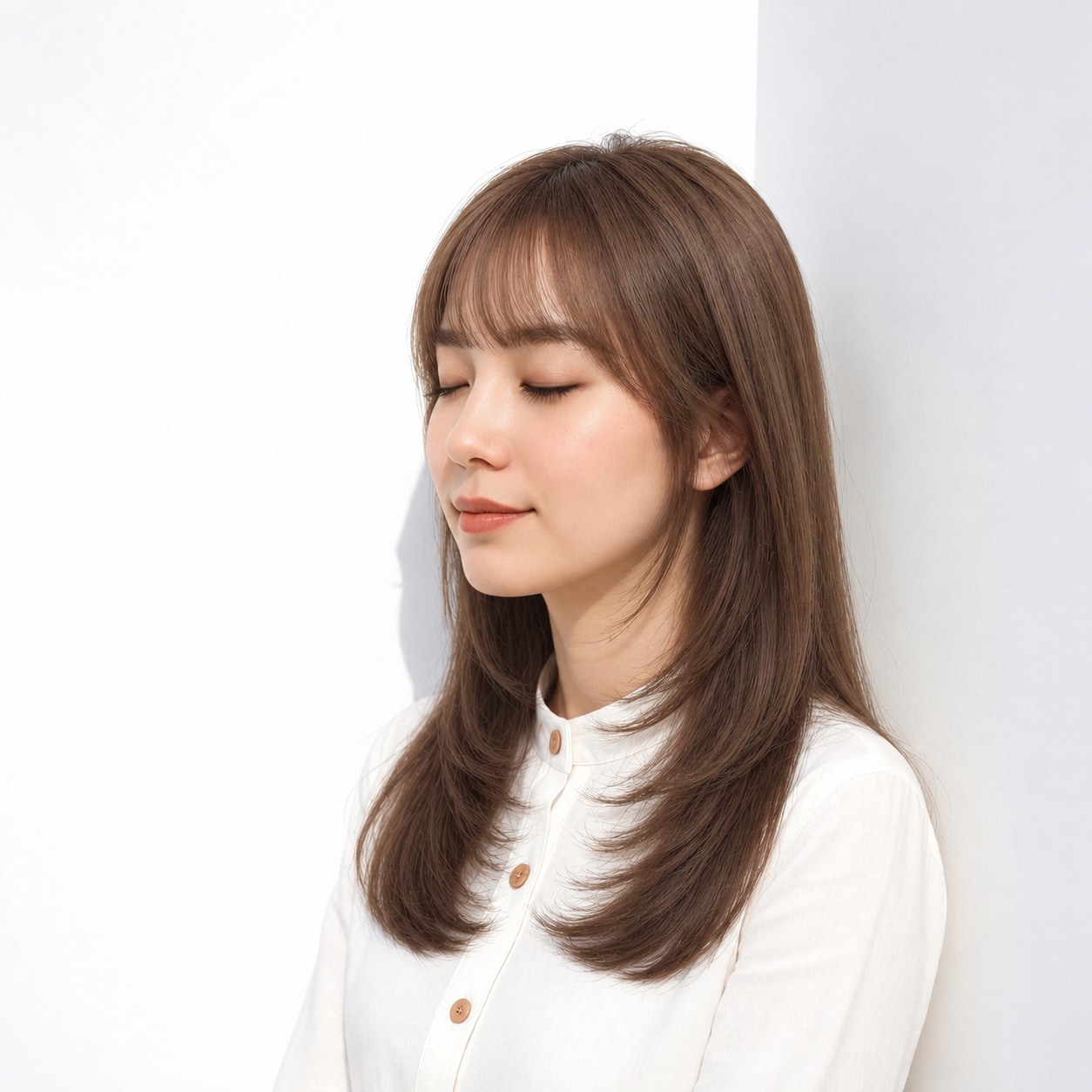 8. 内巻きセミロング × ダークブラウン：なめらかな丸みで穏やかな可愛さ
