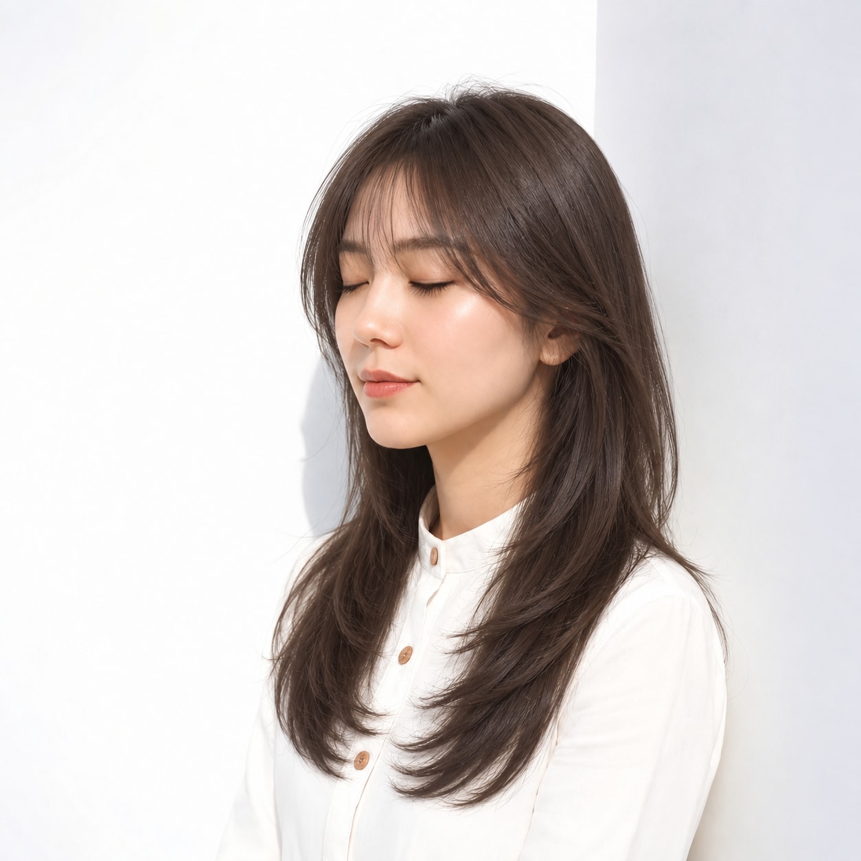 8. 内巻きレイヤーロング × ダークブラウン：丸みを重ねて上品に
