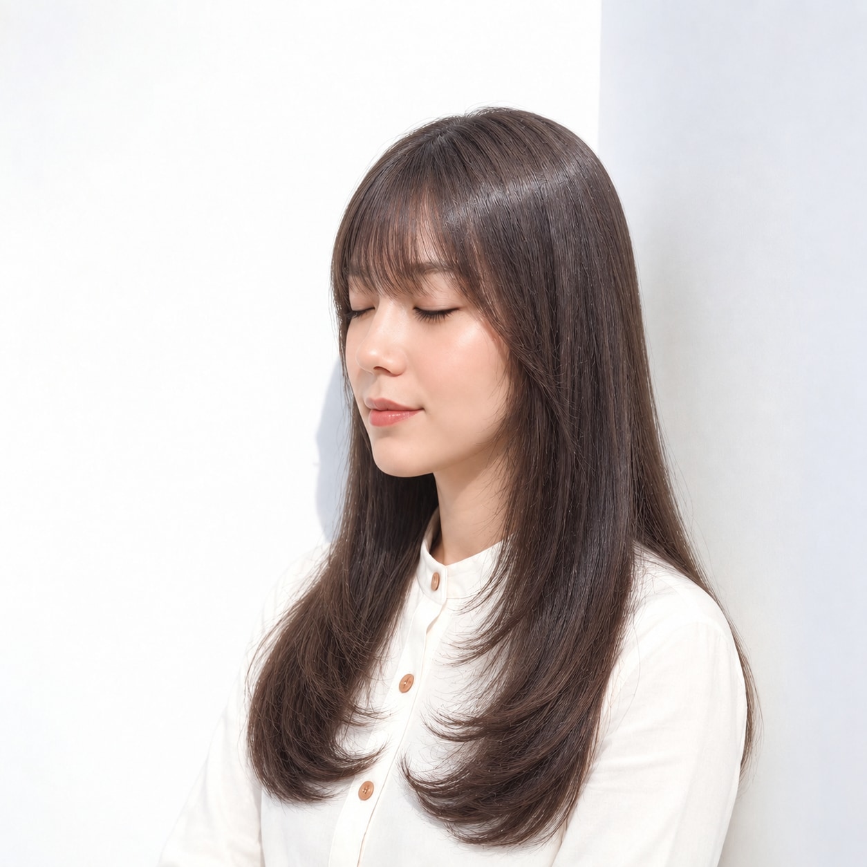 8. 内巻きロング × チョコブラウン：目元と毛先に丸いラインを