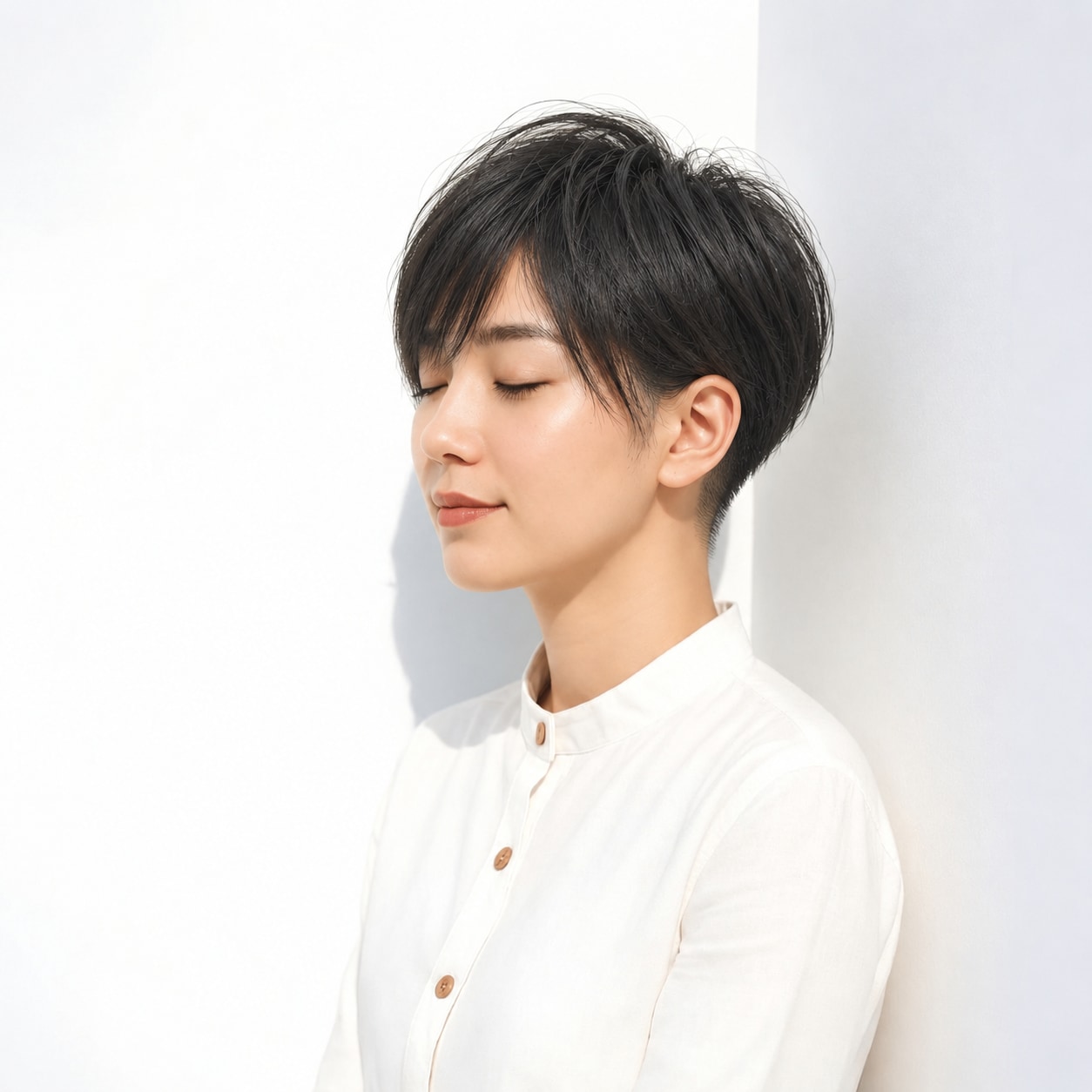 6. 刈り上げハンサムショート × 黒髪：長い前髪が短いサイドを引き立てる