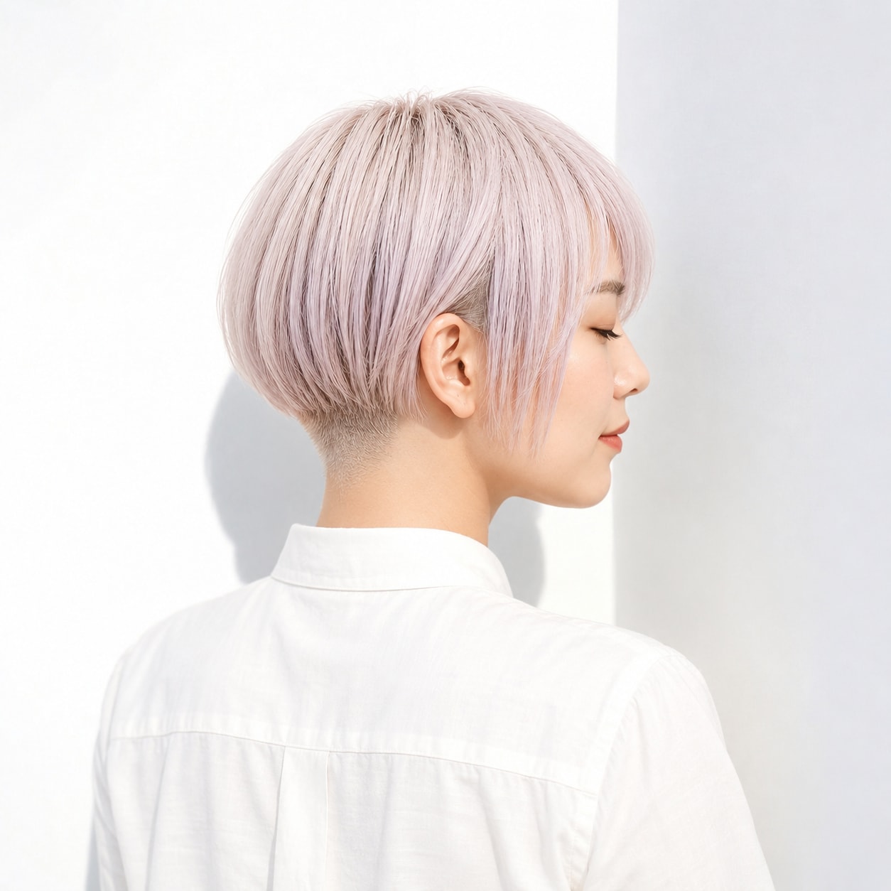 6. 刈り上げミニボブ × ラベンダー：淡いラベンダーとすっきりした襟足が好相性
