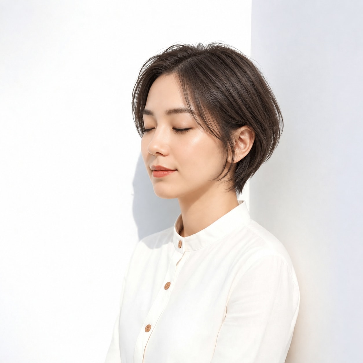 8. 前髪なしショートボブ × 前上がり：顔まわりを軽く見せてすっきりと