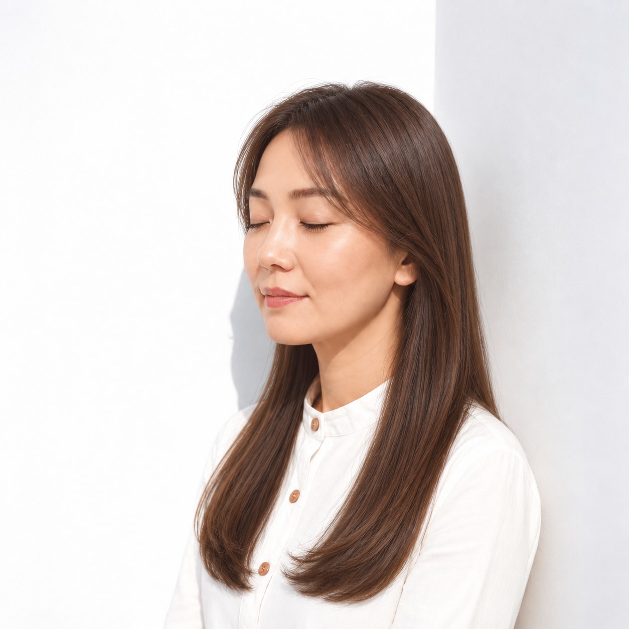 3. 前髪なしロング × ブラウン：内向きの毛先が落ち着いた印象をつくる