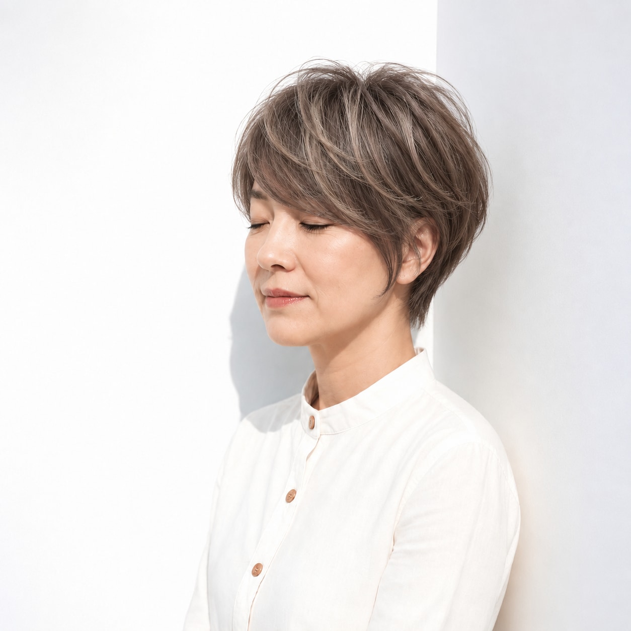 8. 明るめアッシュベージュ × ショート：毛流れを軽やかに見せる