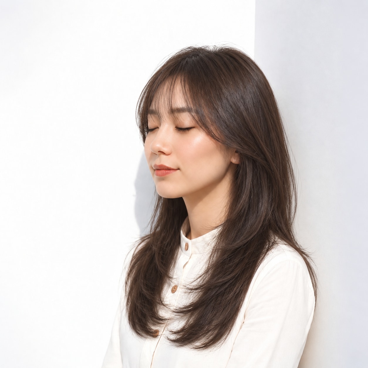 流し前髪ロング × 内巻きの毛先：清楚で落ち着いた印象に