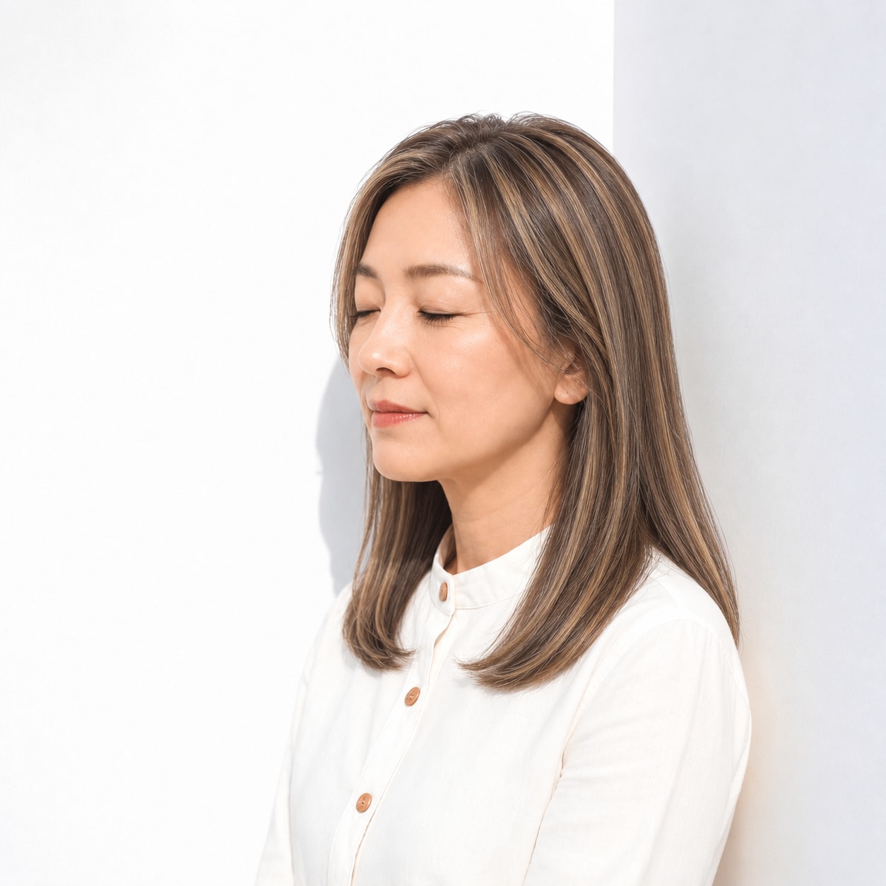 7. 細めベージュメッシュ × ストレートミディアム：品よく奥行きを