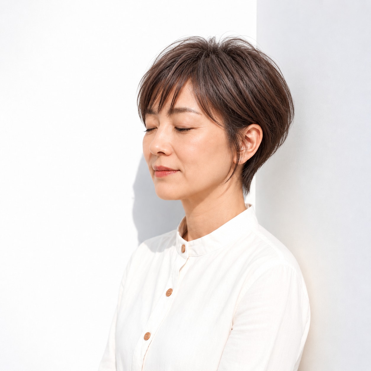 8. 薄い横流し前髪 × ショート：目元をすっきり見せる