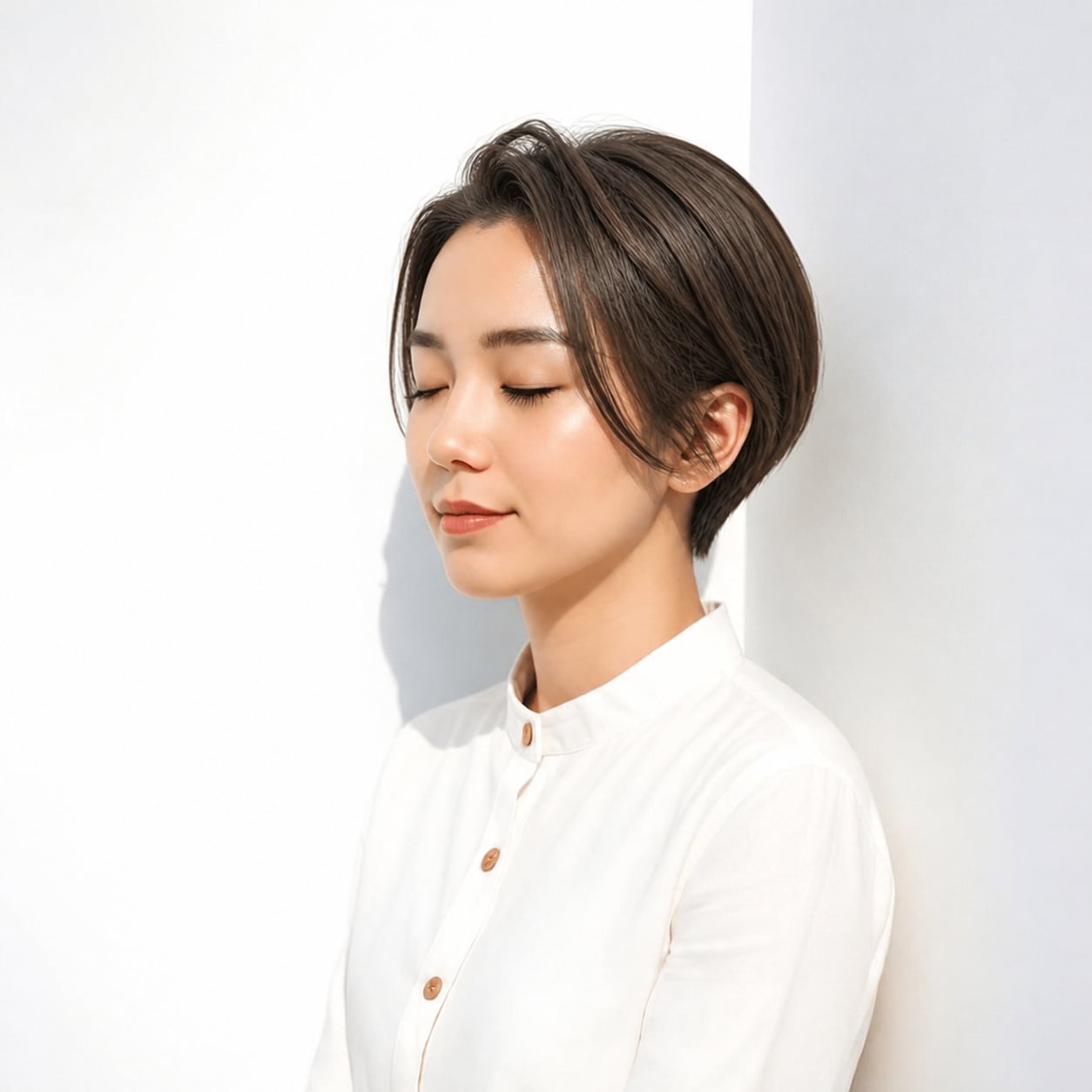 8. 面長ボブ × 前髪なし × コンパクトショート：きちんと好印象