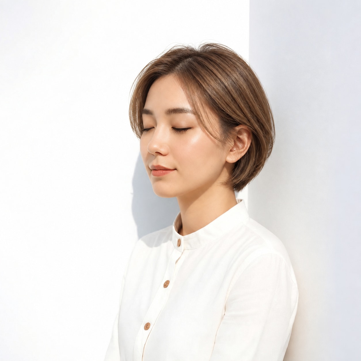 8. 韓国ボブ × 前髪なし × 前上がりボブ：顔の近くに軽さが集まり、前上がりの形が自然に伝わります