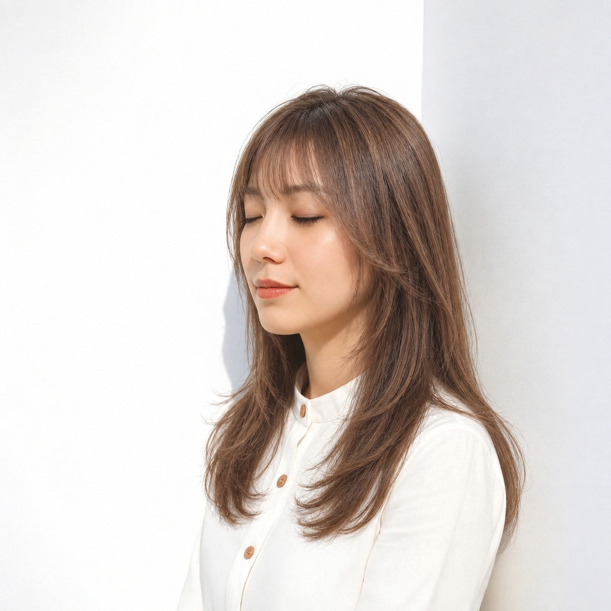 8. 顔まわりレイヤー × ロング × 目元を透かす薄い前髪：額にすき間ができ、レイヤーの軽さが顔まわりまで続きます
