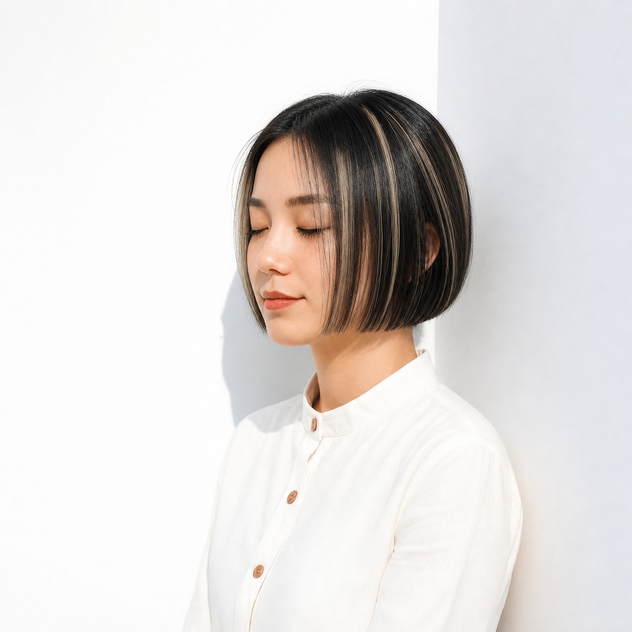 8. 黒髪ハイライト×ストレートボブ: 直線的なボブに明るいラインで軽さが出る