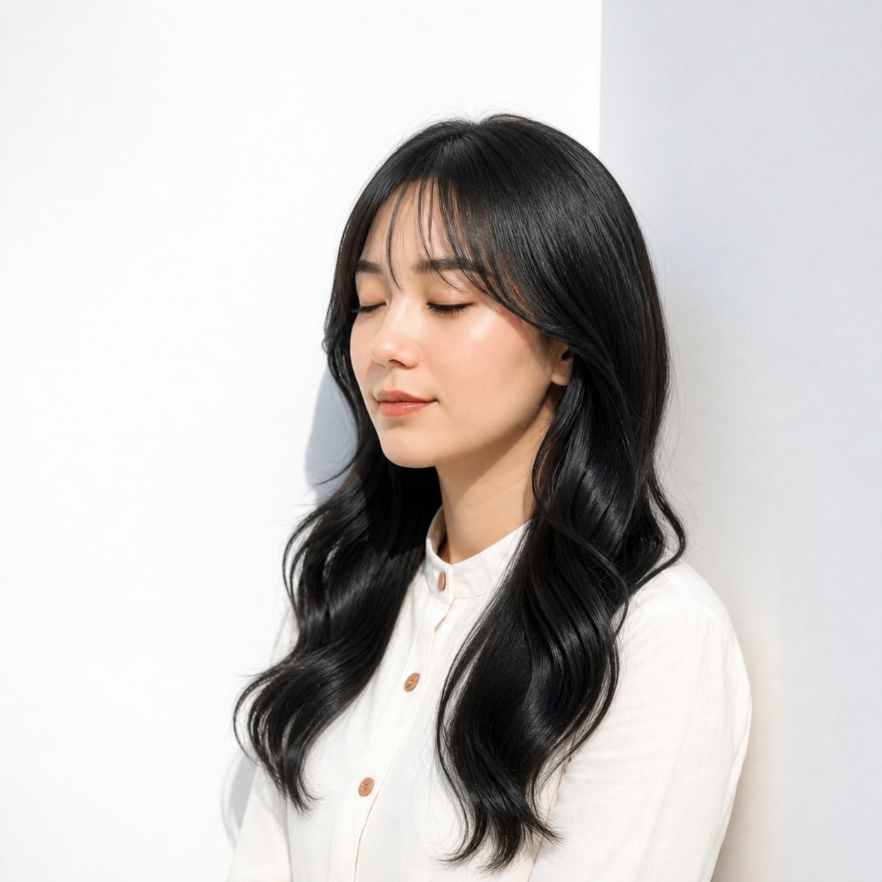 8. 黒髪ロング × 大きめウェーブ：ツヤやかに華やぐ