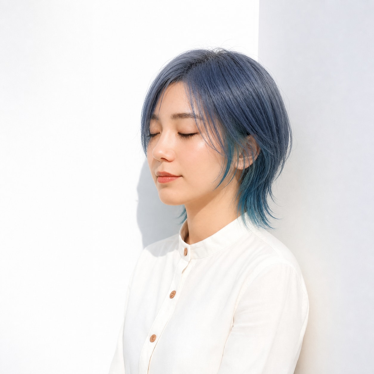 9. くすみブルー×ショートボブ: 淡いブルーグレーで明るくてもポップになりすぎない
