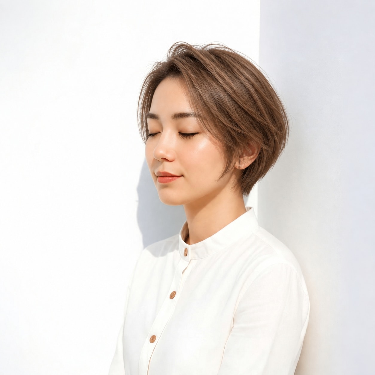 9. ひし形ショートボブ × 前髪なし × 前下がりボブ：横顔に斜めのラインが入り、すっきりした印象になります
