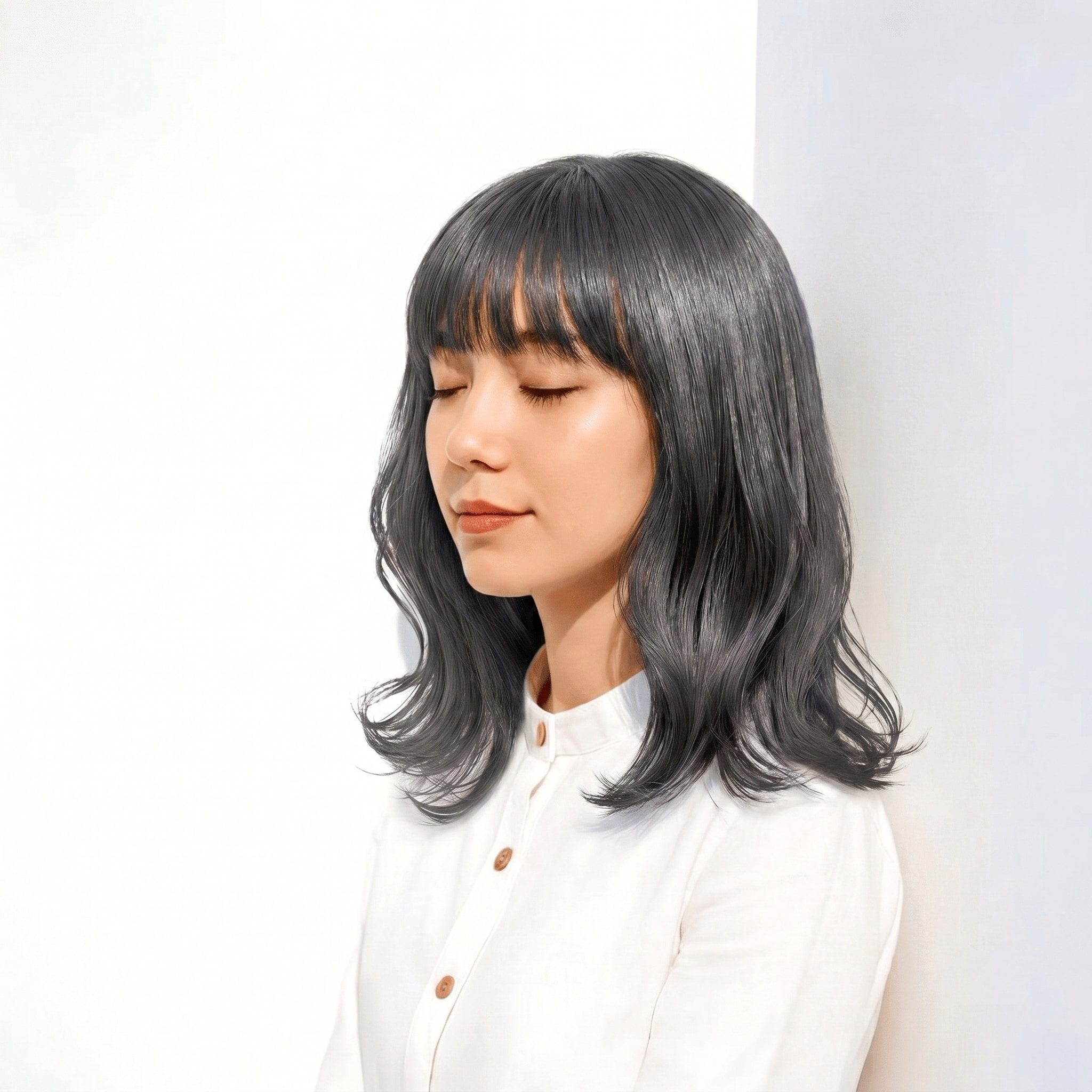 9. アッシュグレー×ミディアムヘア: 鎖骨ラインで静かなツヤを演出