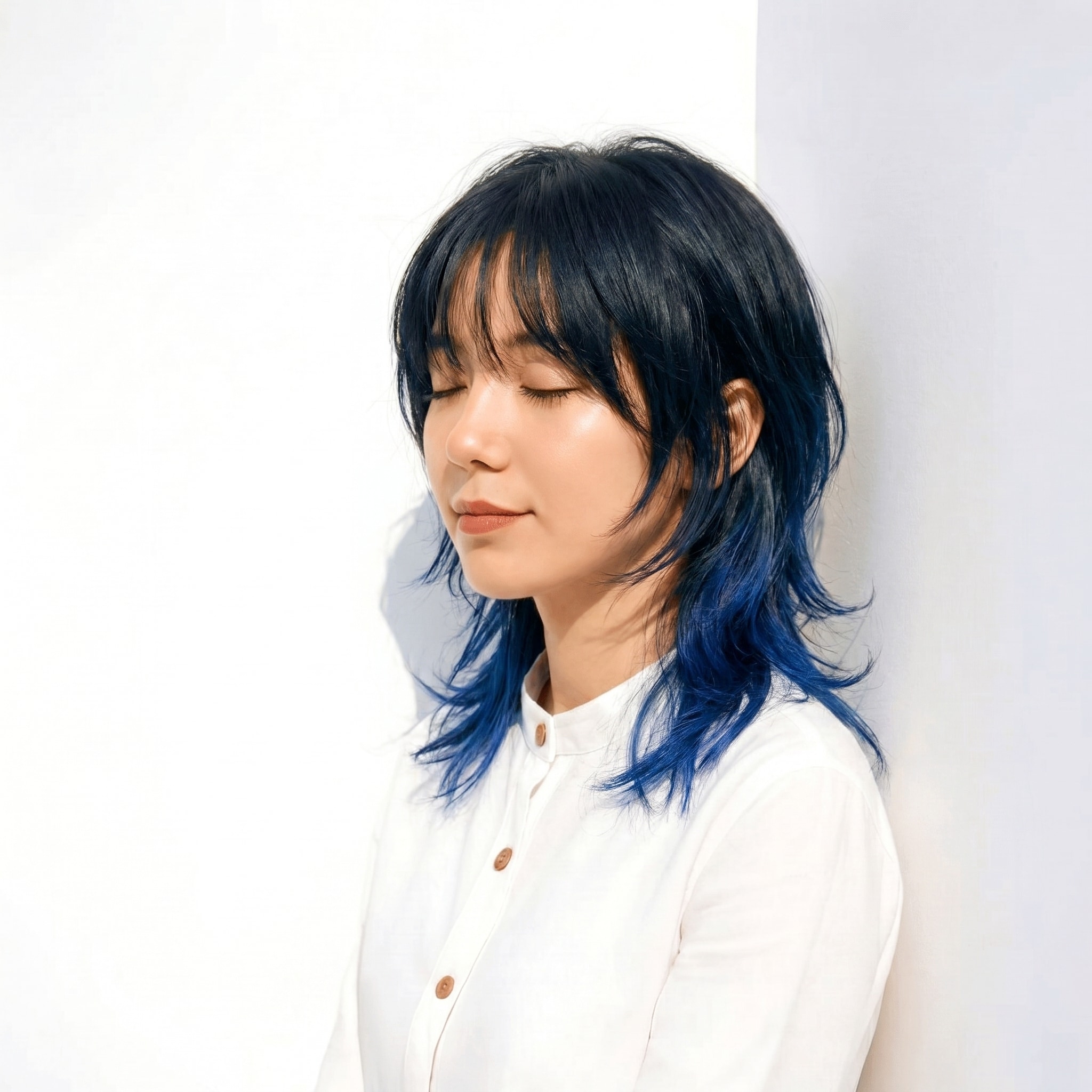 9. インナーカラー×鮮やかな青×外ハネミディ: 深みのある暗髪に鮮やかな青を重ねて、こなれた抜け感に