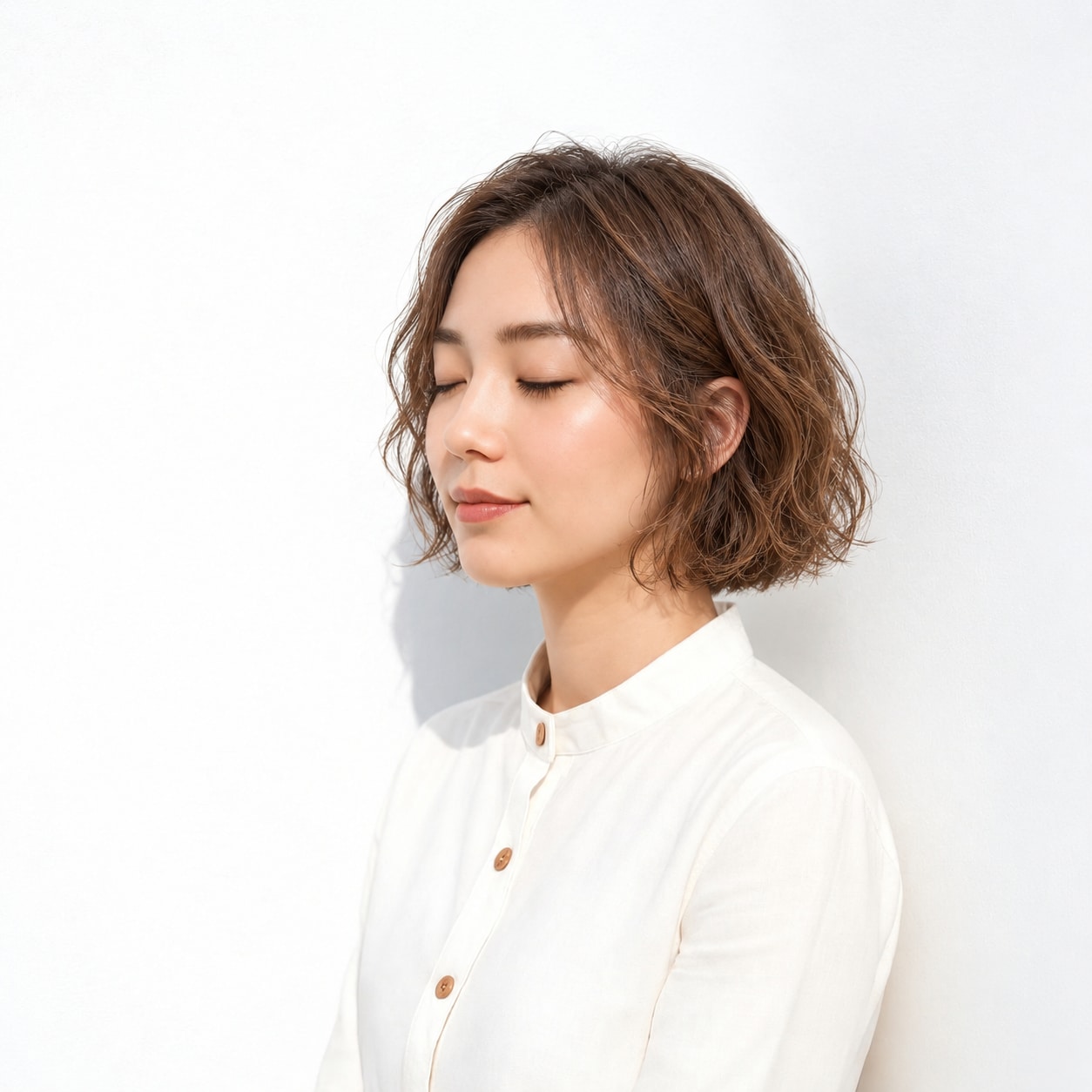 4. ウェーブパーマ × ボブ × 明るめブラウン：細かなカールで立体感を楽しめる